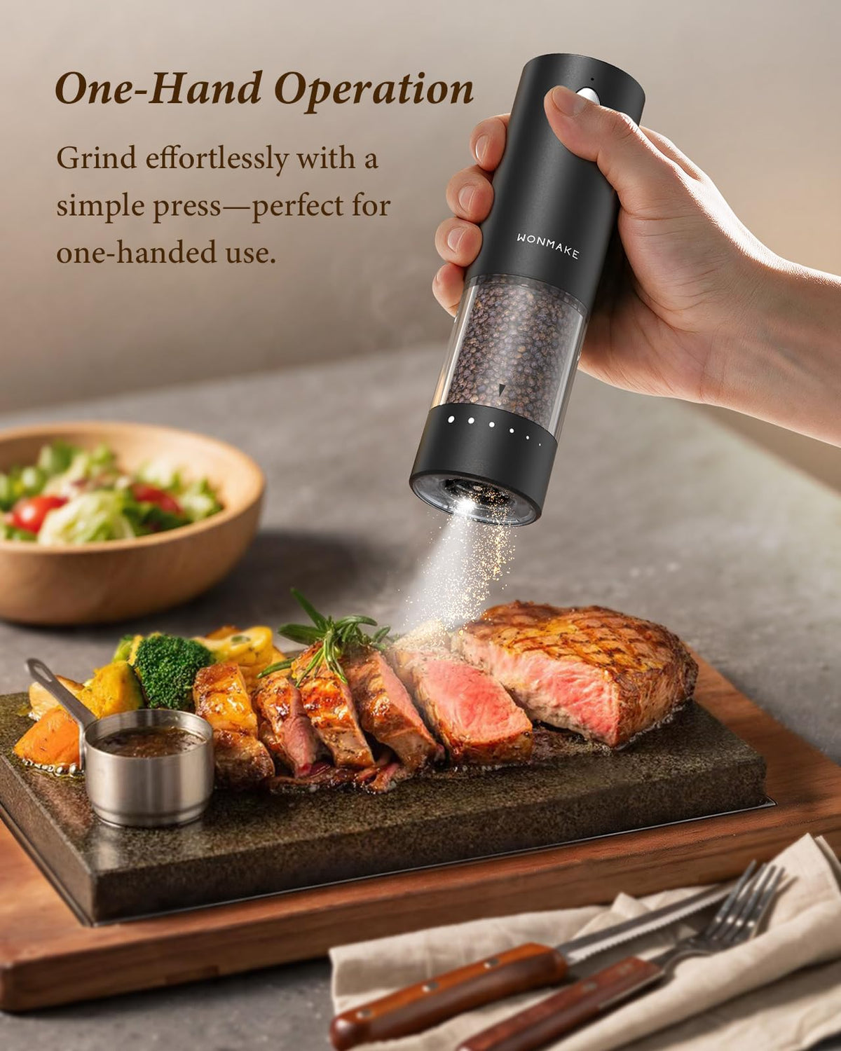 WONMAKE Electric Salt and Pepper Grinder Set with Charging Base, Black/Set – full view
