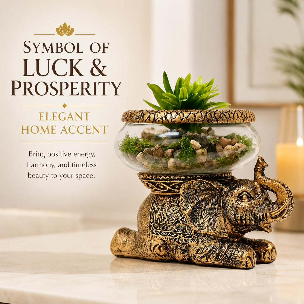 THE NIFTY NOOK Elephant Decorative Bowl with Removable Glass Vessel, Antique Gold Finish, Tabletop Plant Display, Gift B
