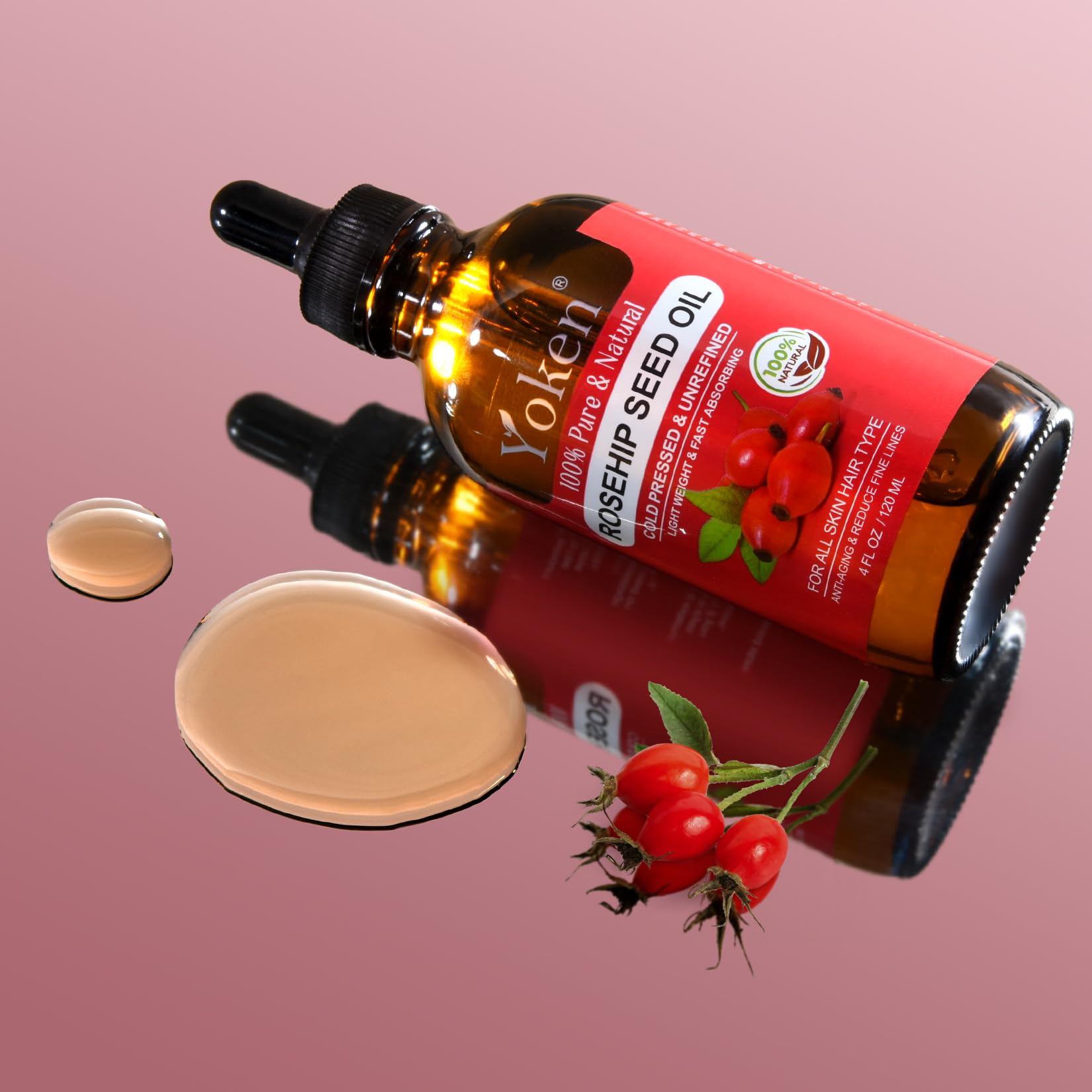 Yoken Cold Pressed Organic Rosehip Seed Oil for Face, Hair & Body, 4 fl oz