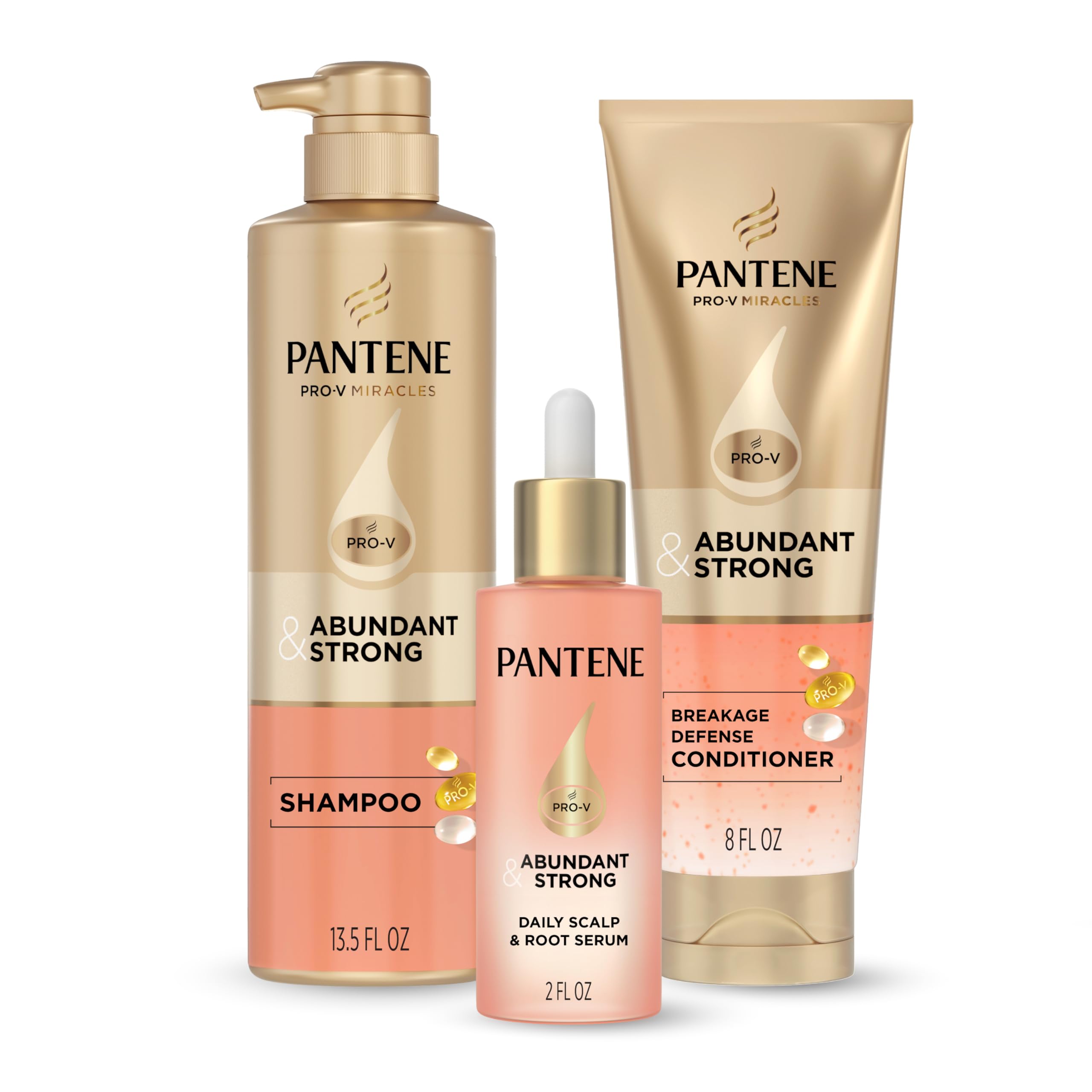 Pantene Abundant & Strong hair care set with shampoo, conditioner, and serum for hair loss, thinning, and added volume.