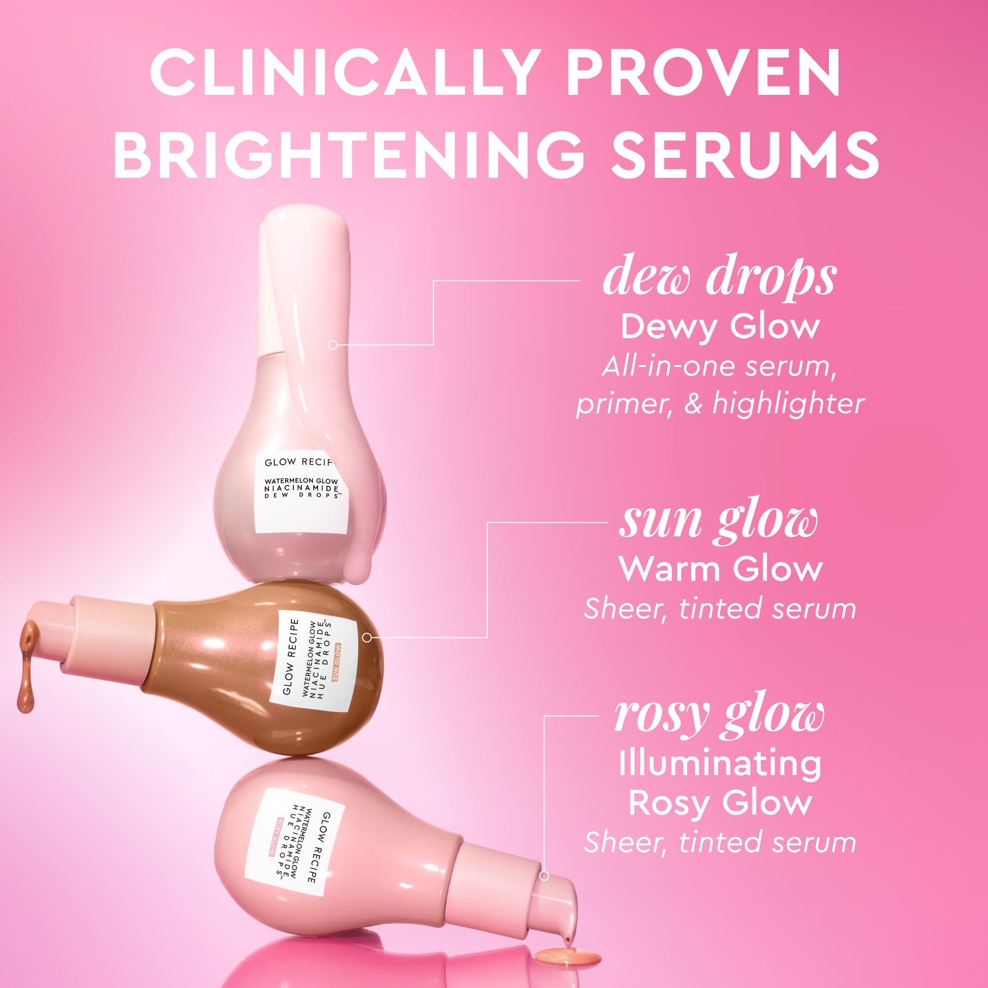 Glow Recipe Watermelon Niacinamide Dew Drops skin serum in 80ml bottle with a vibrant pink and green design, glowing with hydration.