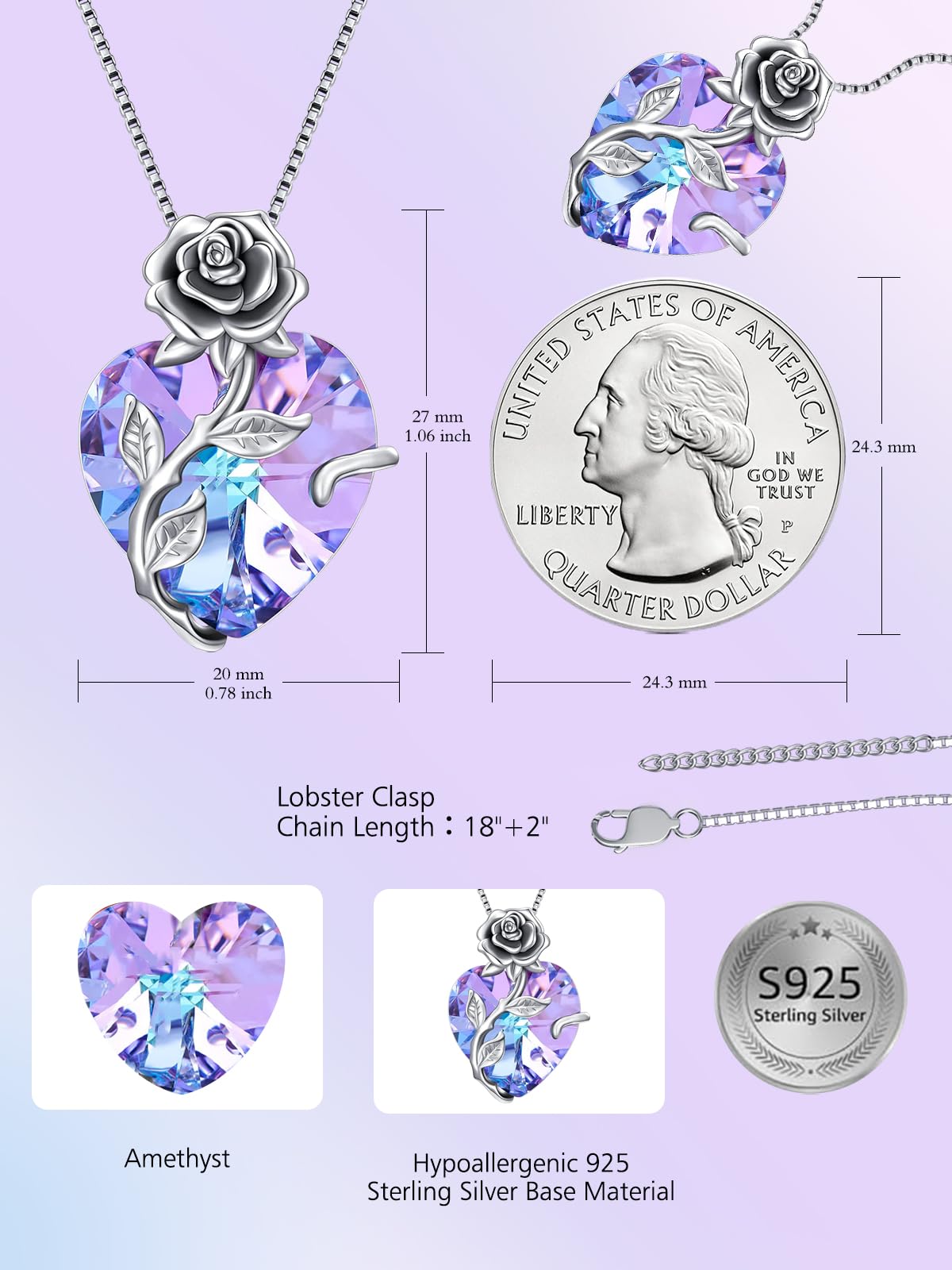 OCJ Birthstone Necklace for Women 925 Sterling Silver Rose Flower Heart Birthstones Pendant Necklace Fine Jewelry Annive