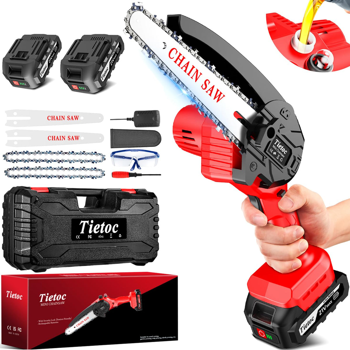 Tietoc Mini Chainsaw 6-Inch with 2 Batteries, Electric Saw, Stocking Stuffers Christmas Birthday Gifts Present for Men D