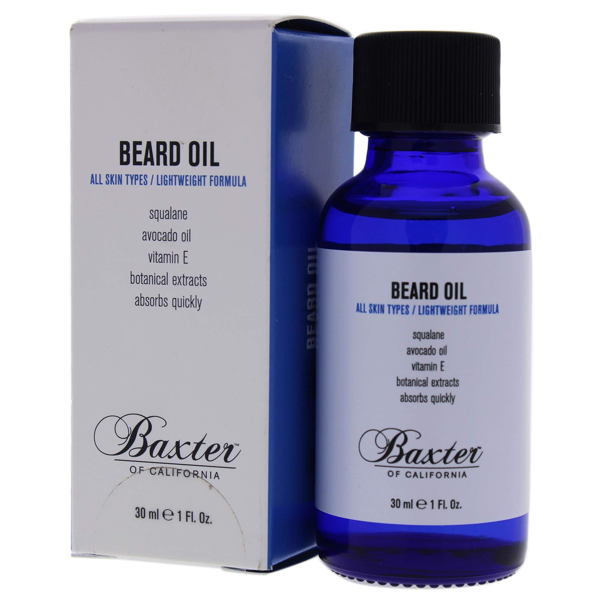 Baxter of California beard grooming oil in a 1 oz bottle, moisturizing and conditioning beard hair and skin.