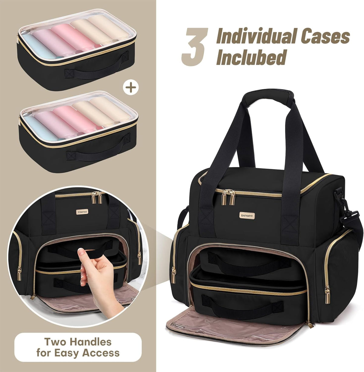 BAFAMYE Large Makeup Travel Cosmetic Bag with 2 Removable Case, Double Layer Big Travel Make Up Organizer Case, Toiletry