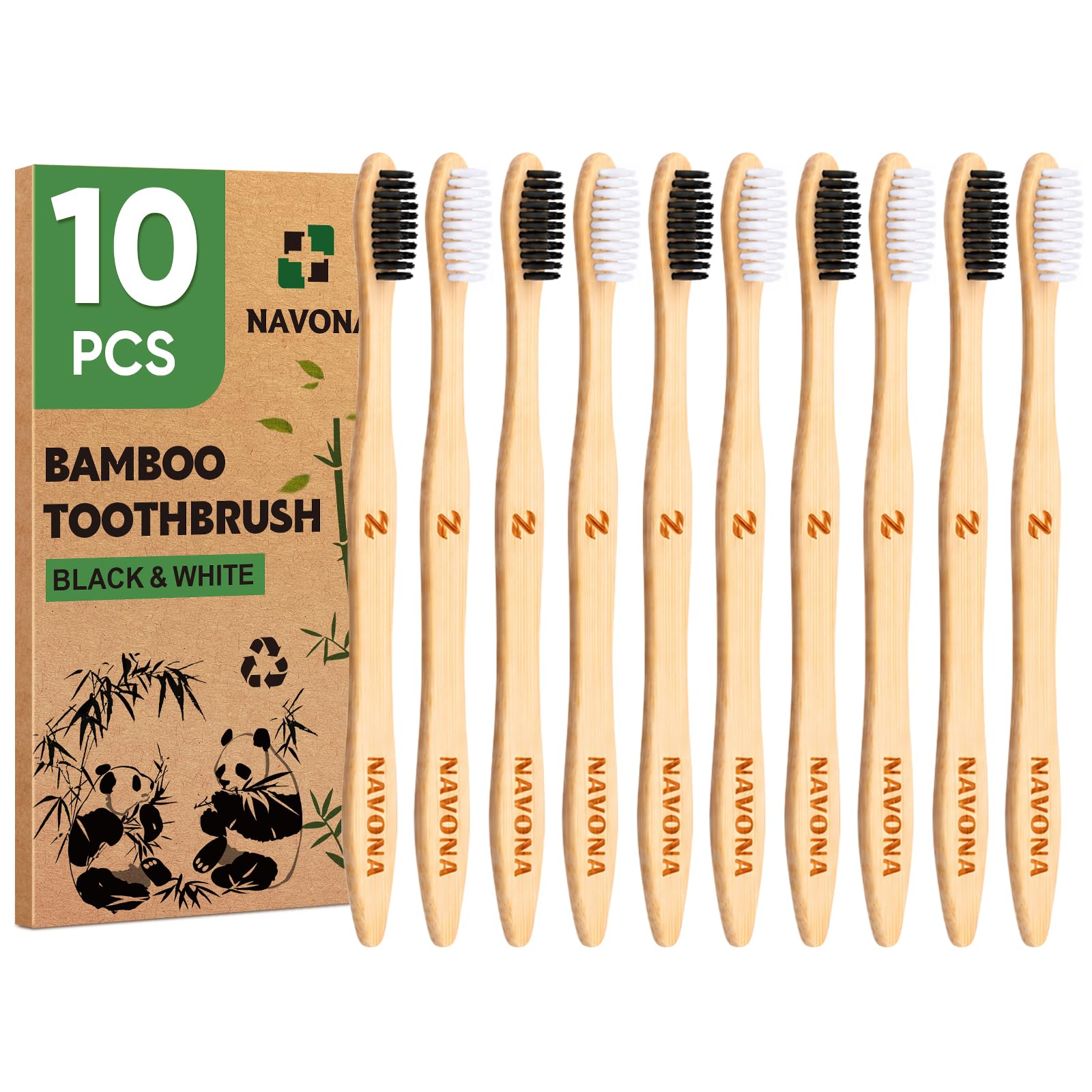 10 PCS Bamboo Toothbrushes, Individually Wrapped Wooden - Product Imagery