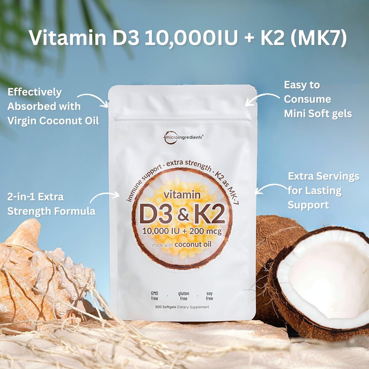 Micro Ingredients Vitamin D3 K2 MK-7 10,000 IU, 300 Softgels