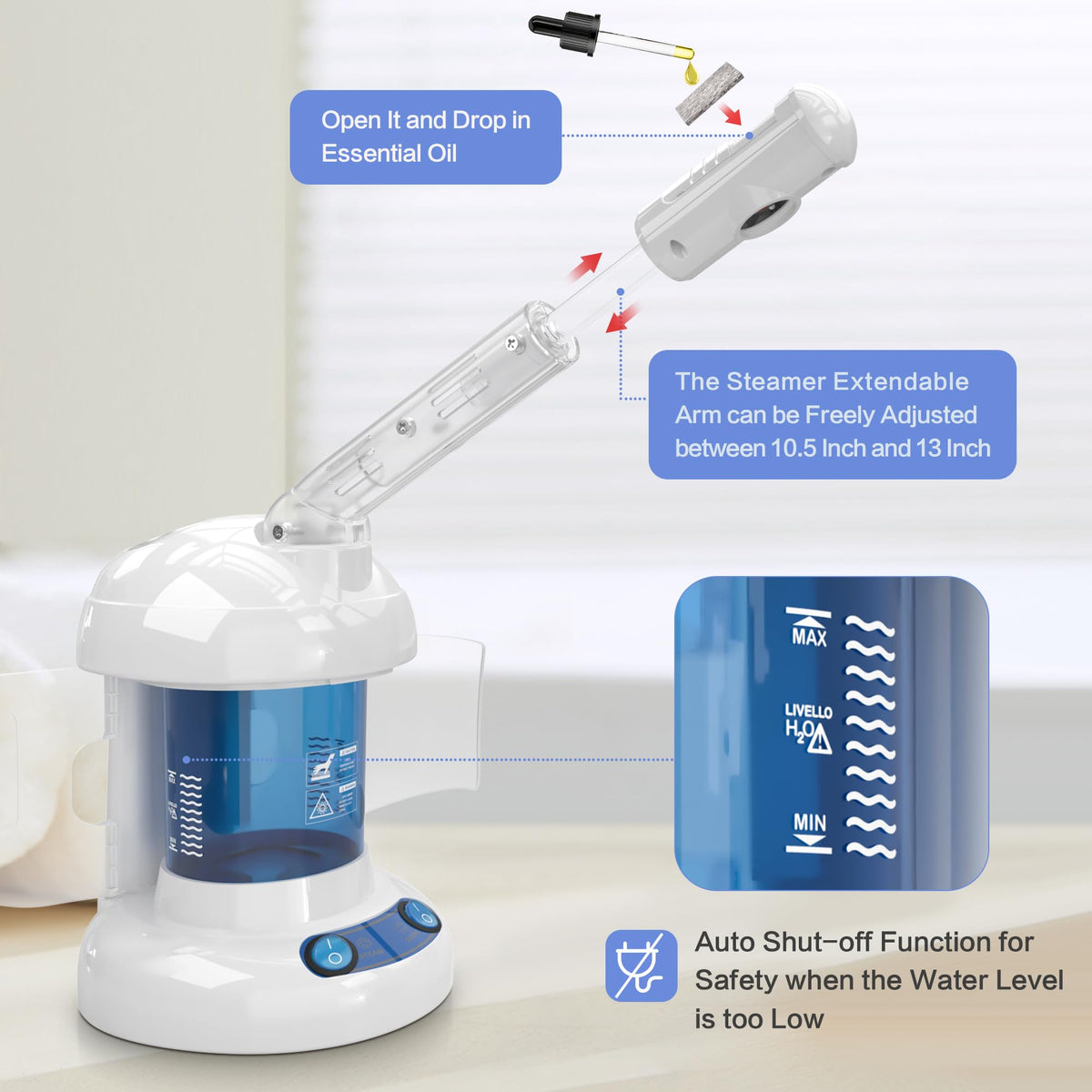 Kingsteam Facial Steamer, Ozone Nano Ionic Face Steamer for Deep Cleaning – back view and specifications