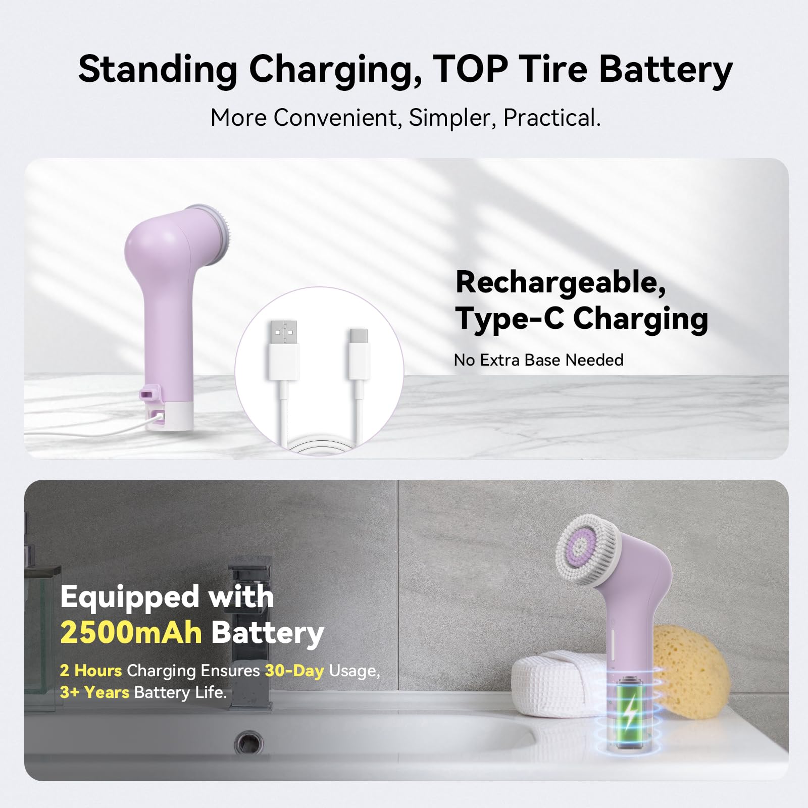 PURTIF electric facial cleansing brush with dual-ring design and 3-speed settings, showing the brush head and textured surface.