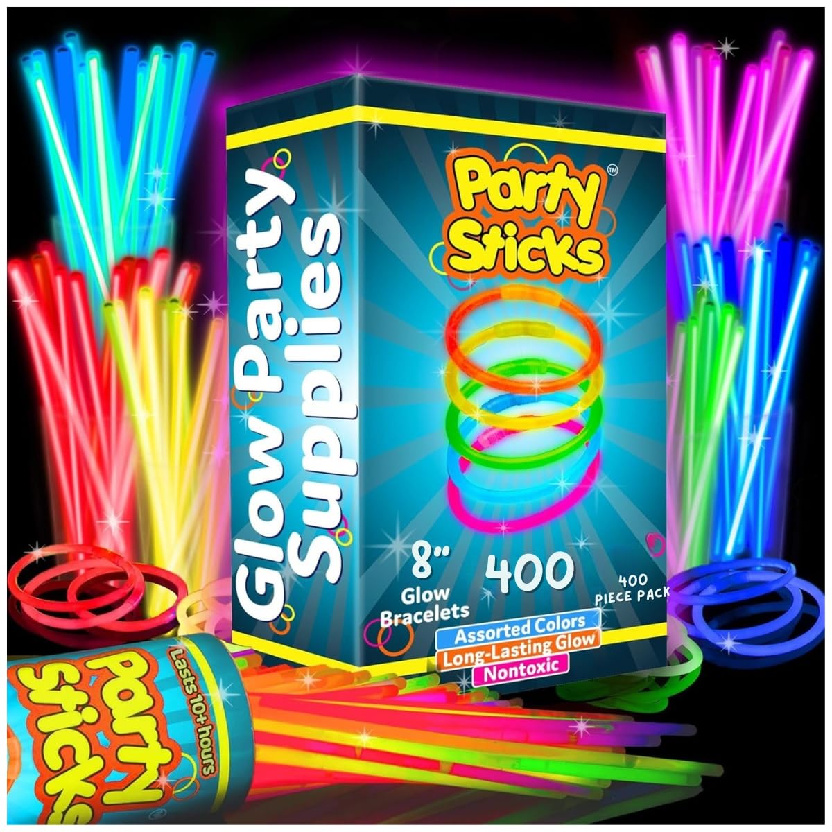 PartySticks Ultra Bright Glow Sticks Bulk Party Supplies 400 Pack - 8" Glow in the Dark Light Up Halloween Party Fav