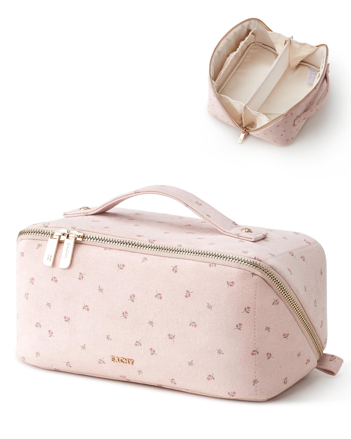 EACHY Makeup Bag, Soft Suede Floral Cosmetic Bag for Women, Portable 180° Wide-Open Flat Makeup Pouch, Large Capacity Tr
