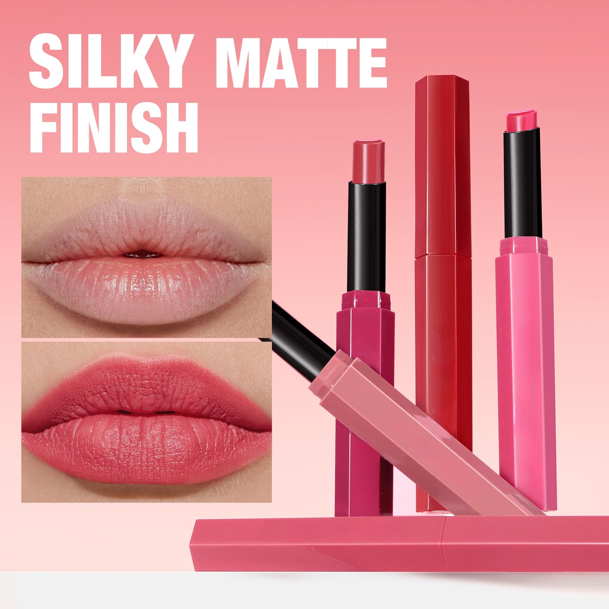 SAUBZEAN long-lasting matte lipstick in a pink lip color, satin finish, for women, showcasing the product's color and packaging.