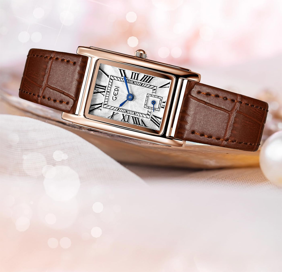 FANMIS Women's Vintage Rectangular Leather Strap Watches – back view and specifications