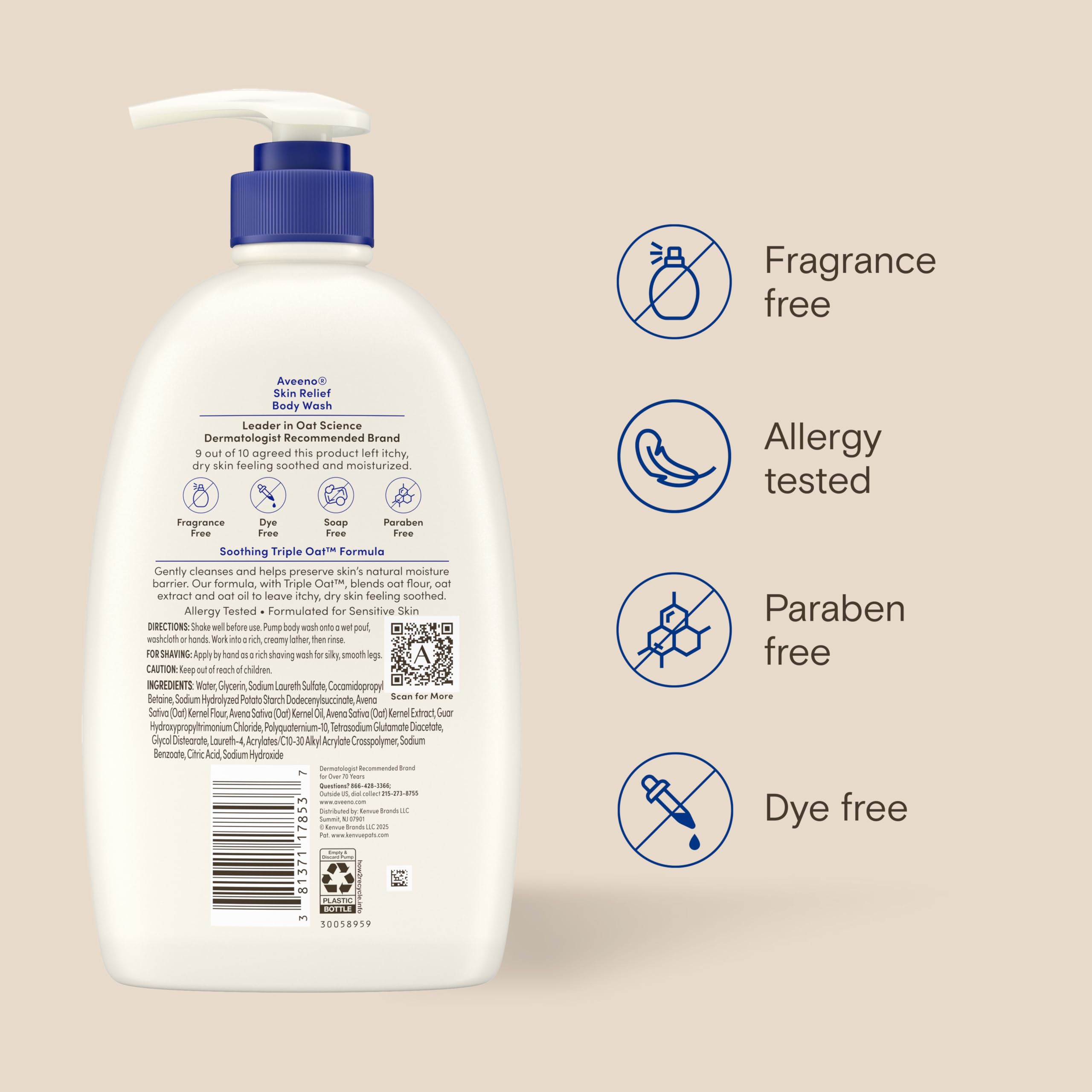 Aveeno Skin Relief Body Wash with Triple Oat Complex, fragrance-free, gentle for sensitive skin, leaves skin soothed and moisturized.