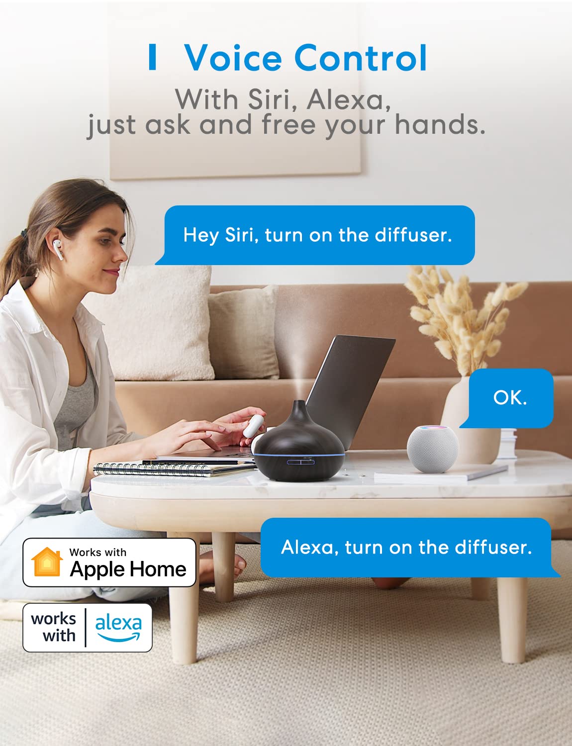 meross Smart Wi-Fi Essential Oil Diffuser, Voice & APP Control, RGB Lights – packaging and label