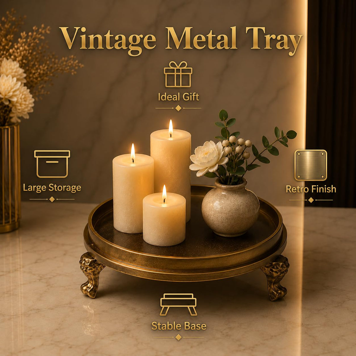 OOGKA Vintage Brass Clawfoot Tray, Round Pedestal Candle Holder and Jewelry Dish – close-up detail