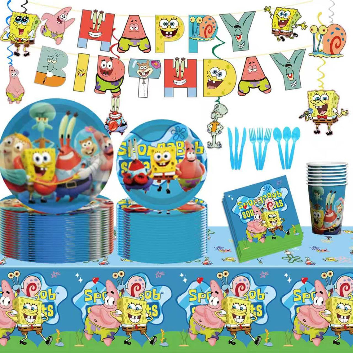 ZyNolimt 118 Pcs SpongeBob Birthday Party Supplies Set, anime Theme: 1Banner, 20Cups, 6Hanging Swirls, 30(Spoons+Forks+K