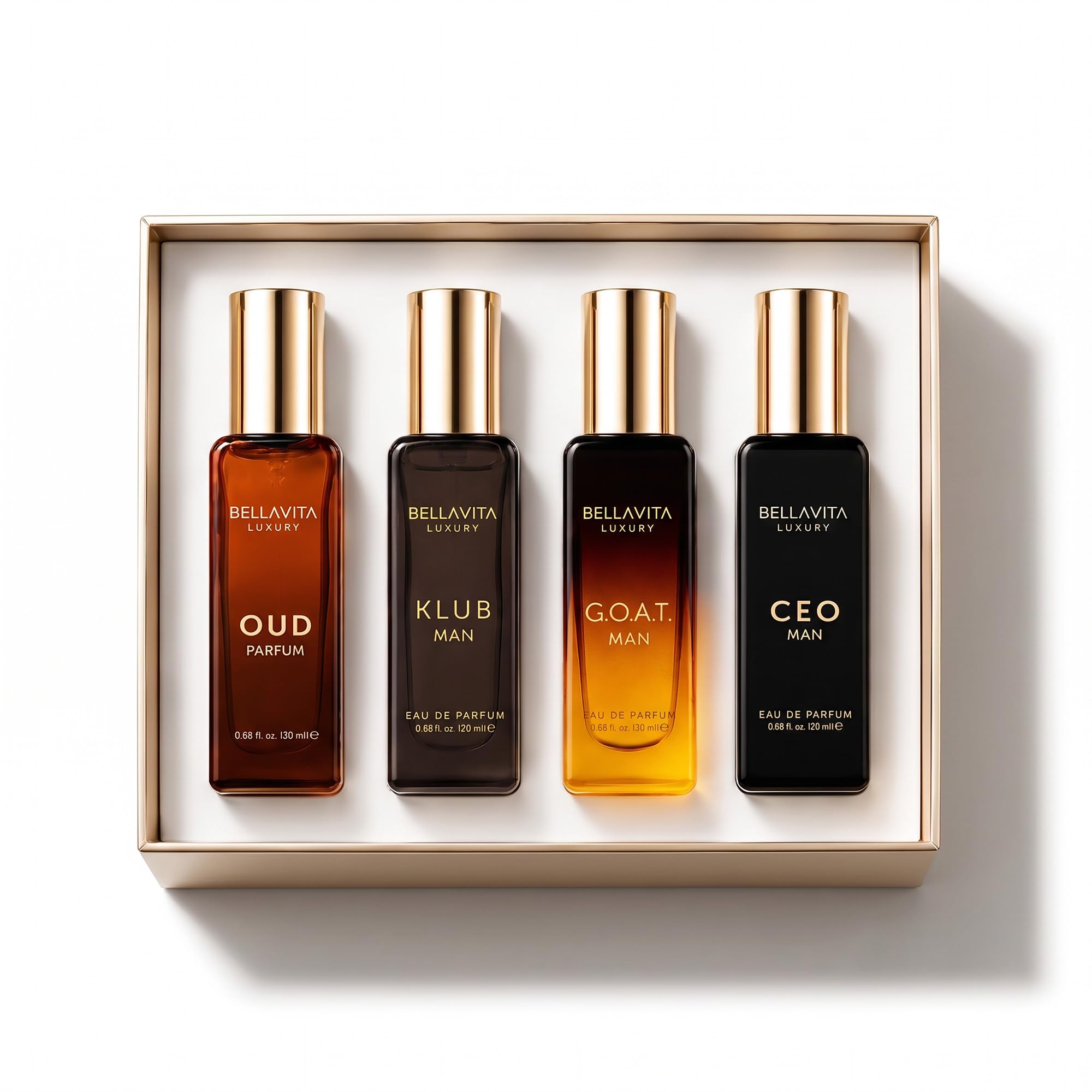 Set of four 20ml Bella Vita Luxury men's perfume bottles in a gift set, featuring elegant personal fragrance bottles.