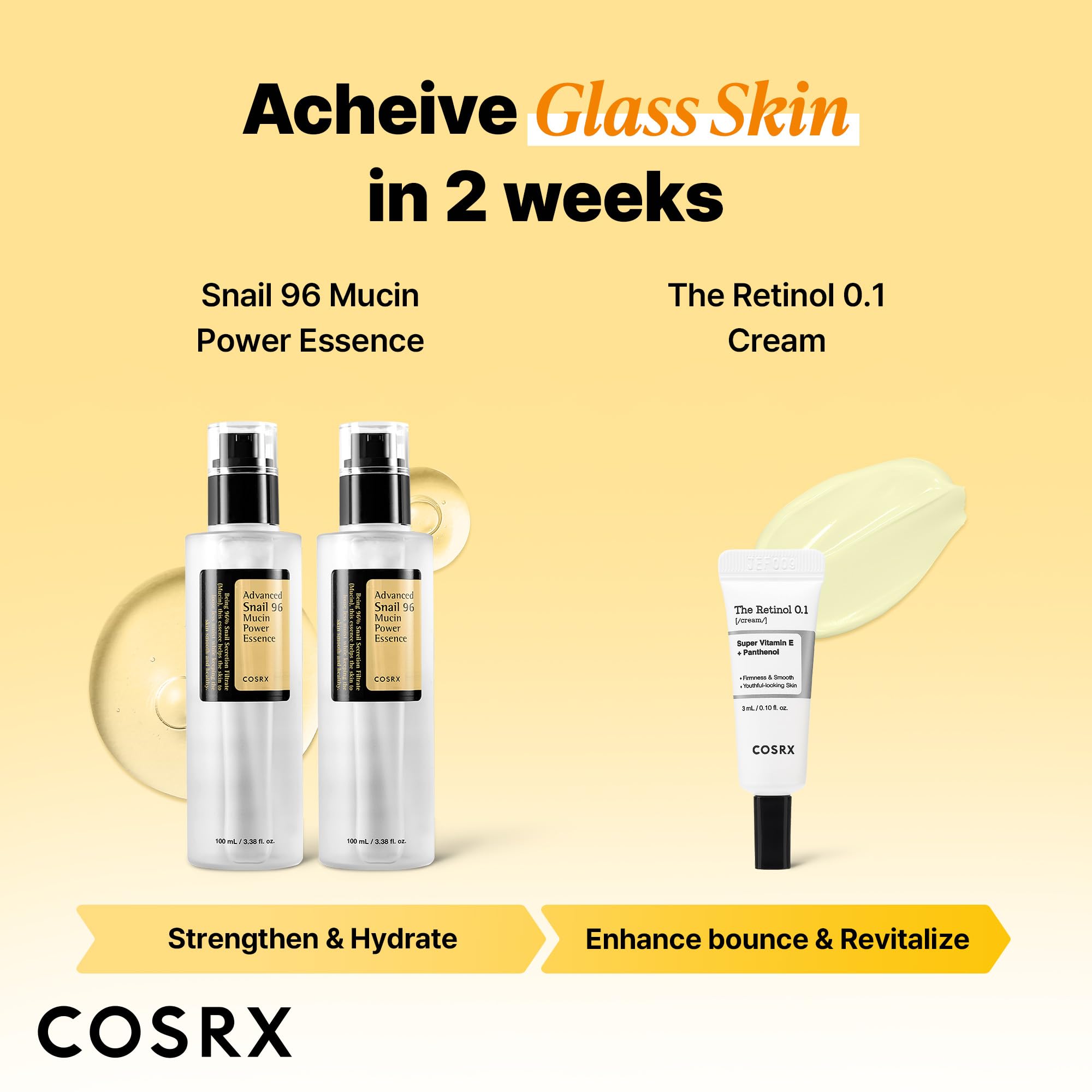 COSRX Snail 96% Mucin Essence and Retinol 0.1% Cream mini sample bottles, skincare products for nourishing and anti-aging care.