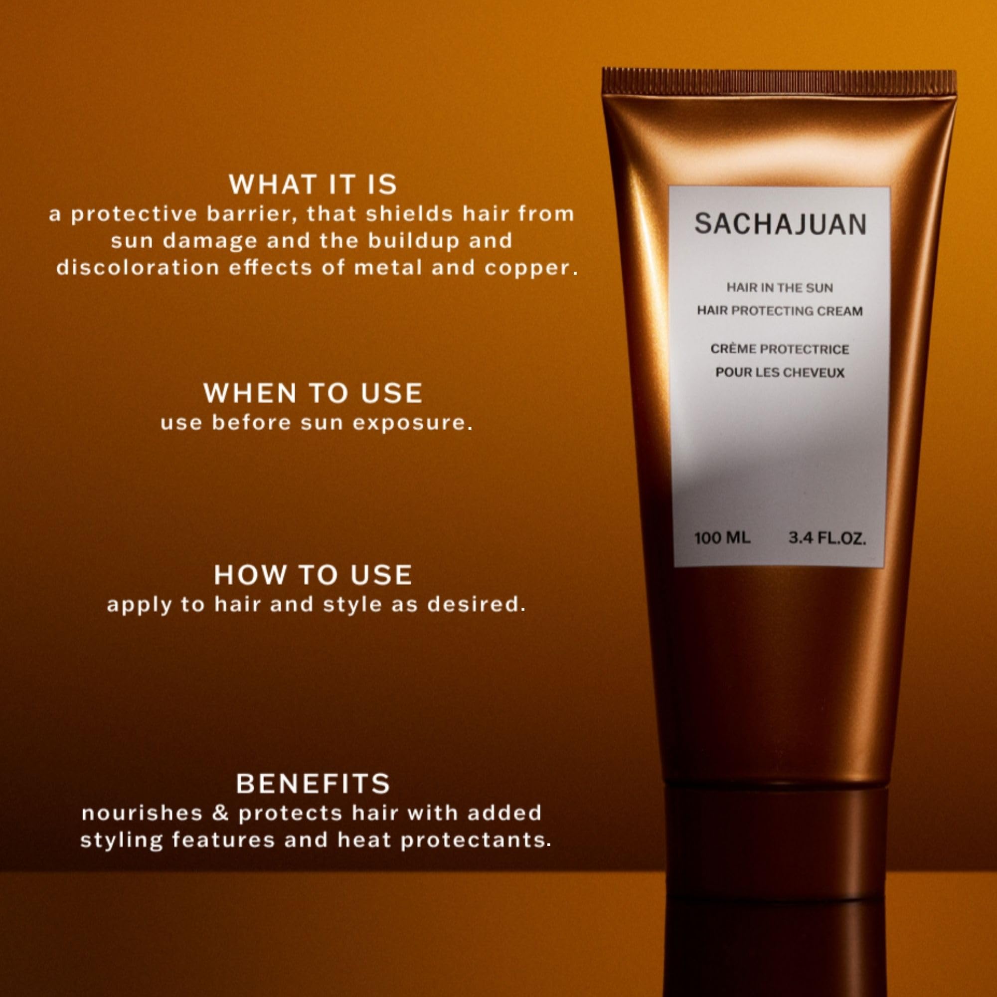 SACHAJUAN Hair In The Sun Leave-In Conditioner with UV protection, 3.4 oz, applied to sun-exposed hair for moisture and protection.