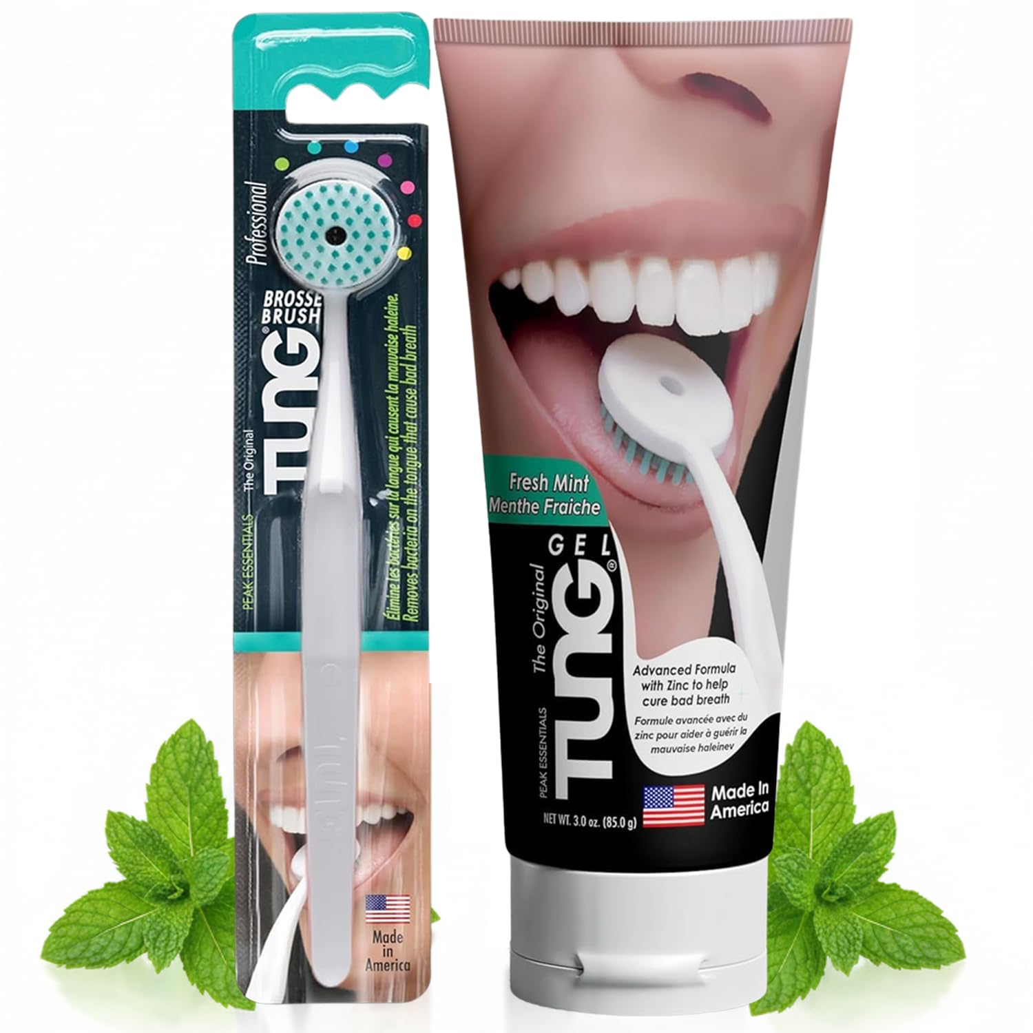 Peak Essentials Tung Tongue Cleaning Kit with brush and gel for fresh breath, USA-made personal care appliance.