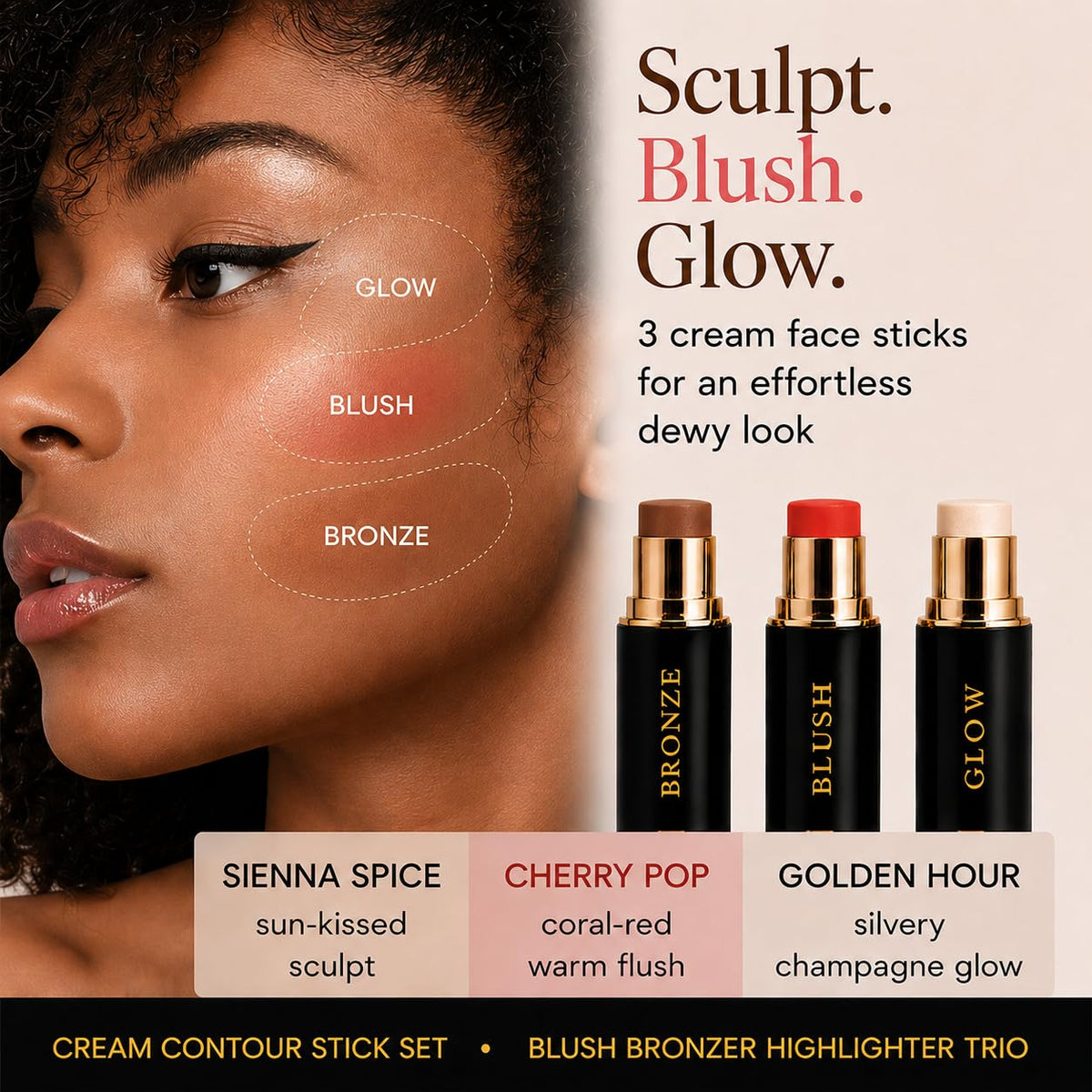 Phoenix Beauty Contour Stick Set, Blush, Bronzer & Highlighter, Luminous – close-up detail in Luminous