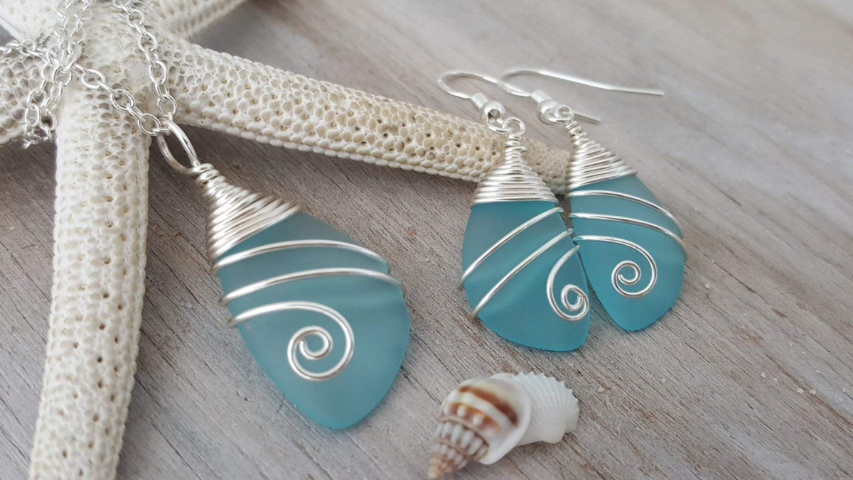 yinahawaii Handmade In Hawaii, Wire Wrapped Sea Glass Necklace and Earrings Set, Birthday Gifts For Women – alternate an