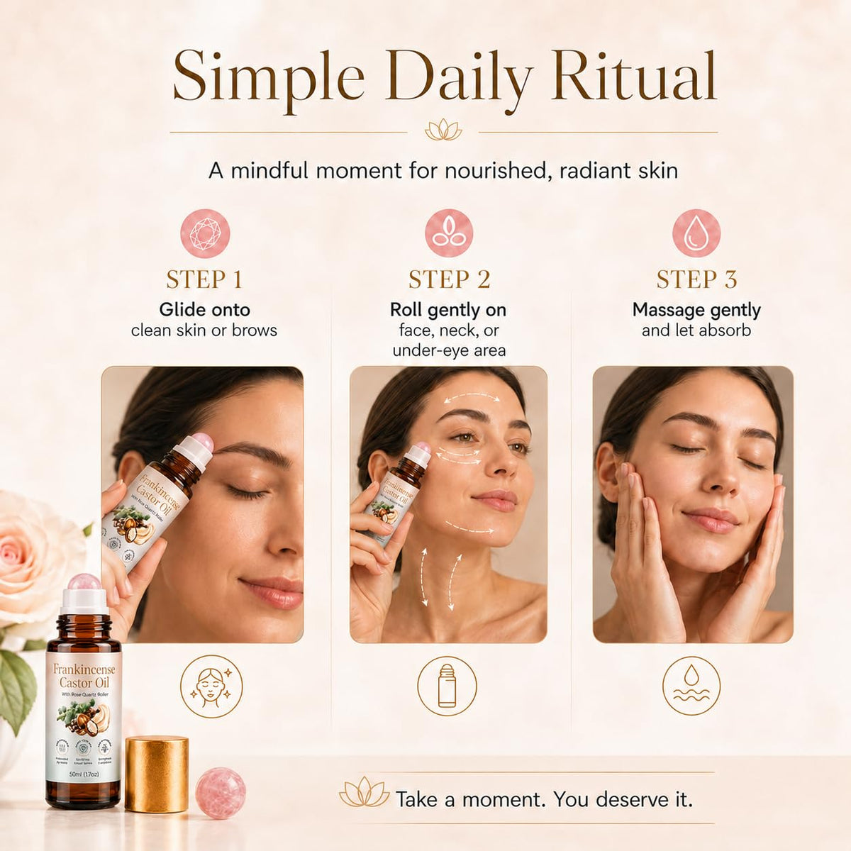 Zotreval Cold-Pressed Organic Castor Oil & Frankincense Rose Quartz Roll-On, 50 mL – back view and specifications