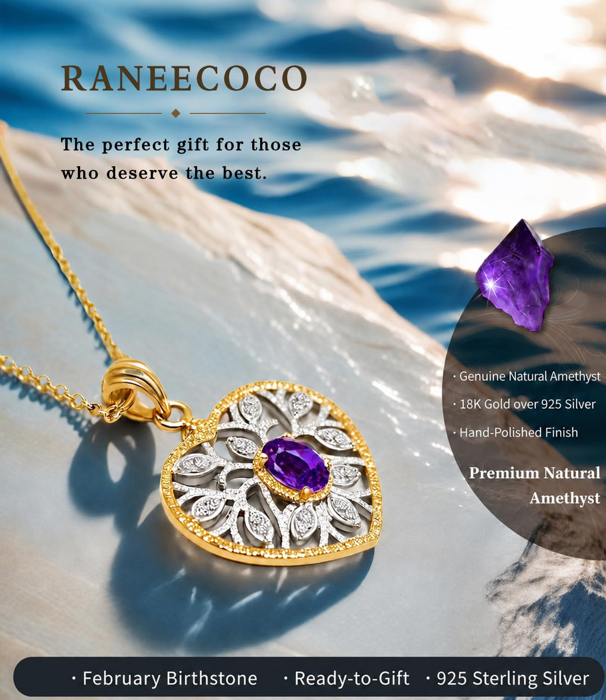 Raneecoco Natural Gemstone Solid 925 Sterling Silver Heart Necklace – full view