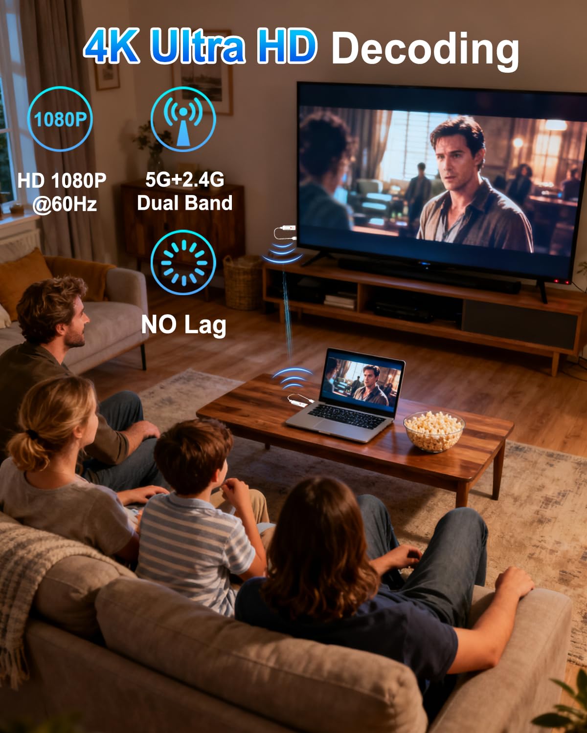 WEKEFON 2026 Upgraded Wireless HDMI Transmitter and Receiver 328FT/100M, 4K Decode 1080P@60Hz Ultra HD, Plug & Play 5G+2