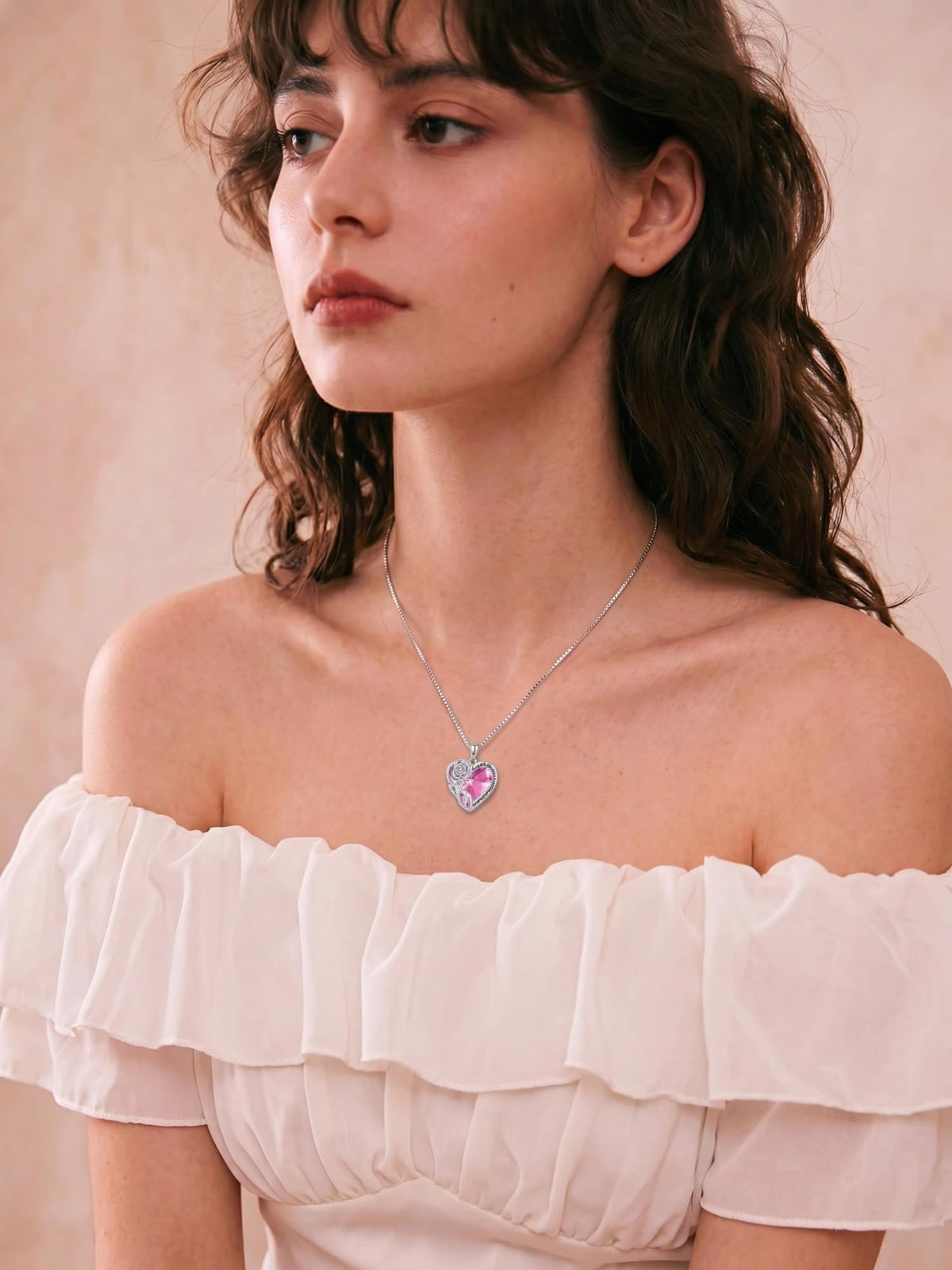 OCJ Birthstone Necklace for Women 925 Sterling Silver Rose Flower Heart Crystal Pendant Necklaces Fine Jewelry Anniversa