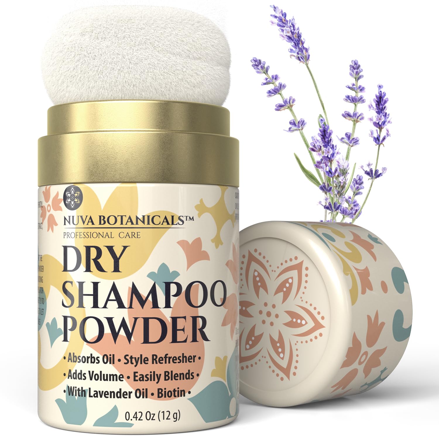 Nuva Botanicals lavender dry shampoo powder in 0.42 oz travel size, natural non-aerosol dry shampoo for refreshed hair.