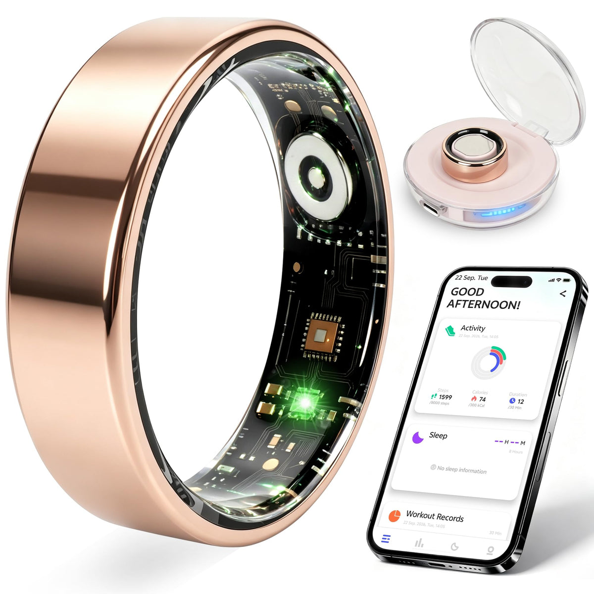 GPTKBOT Smart Ring for Men & Women, Fitness & Sleep Tracker, Magnetic Charging Base – product photo (Rings)