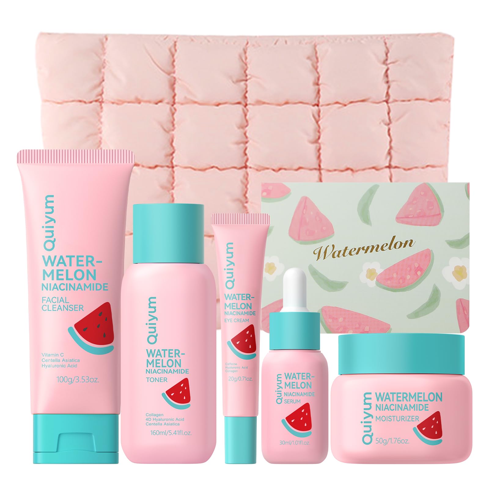 QUIYUM Watermelon & Niacinamide Skincare Set for Women Teens - Product Imagery