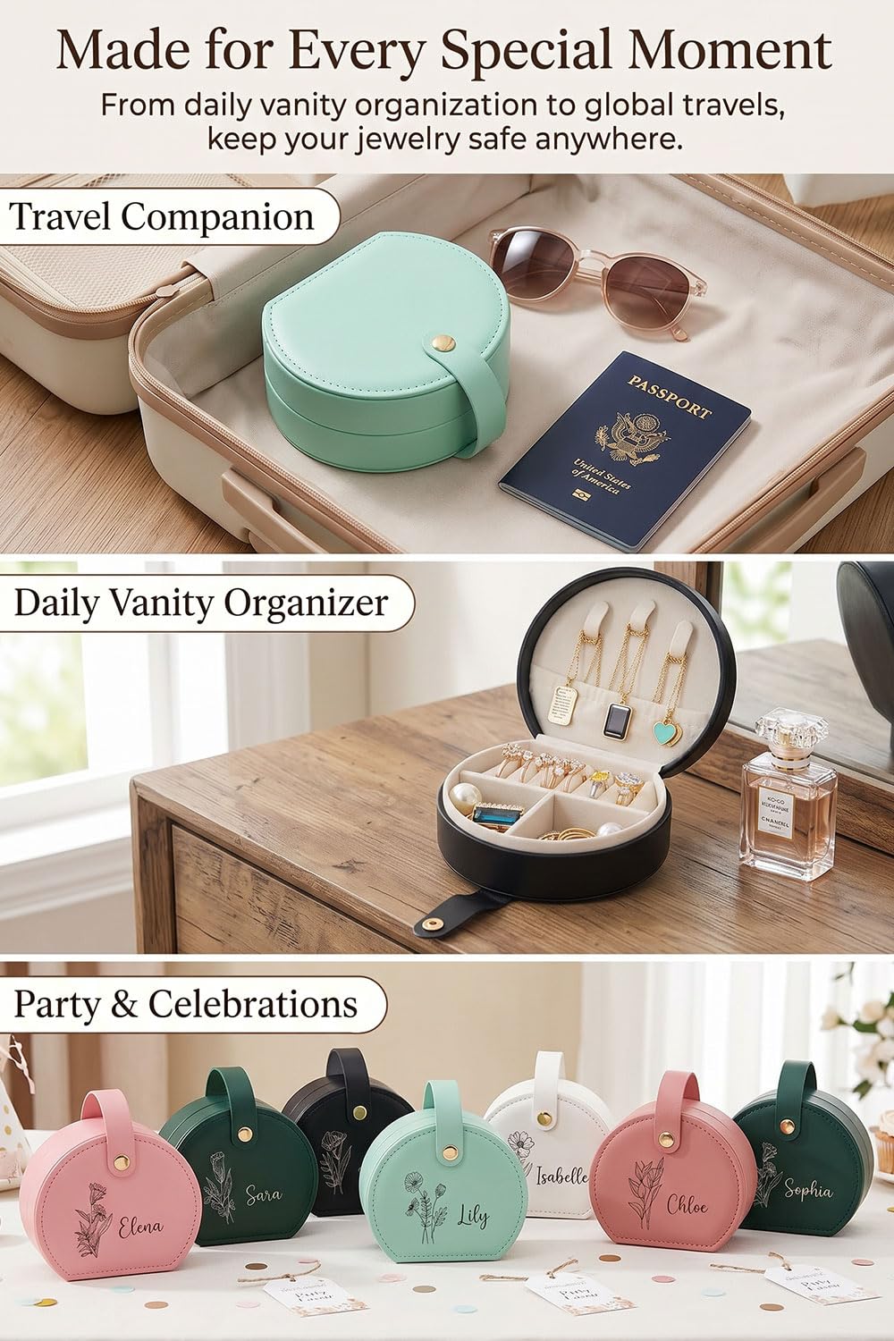 RFCAW Travel Jewelry Box Multi-Pack, Small Round Faux Leather Portable Organizer for Rings, Necklaces, Earrings, DIY Vin
