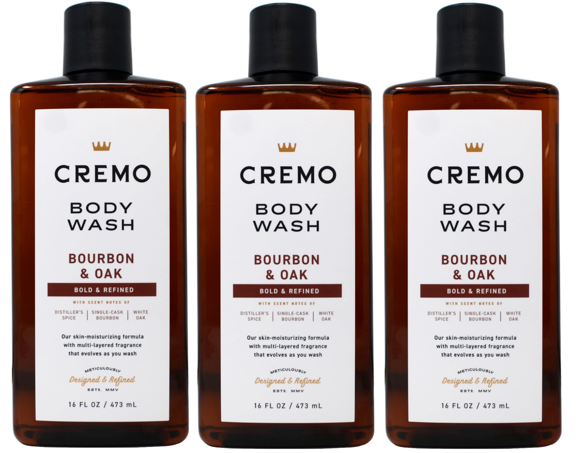 Cremo Bourbon & Oak body wash in a 16 oz bottle, shown in a pack of three, for clean, refreshed skin.