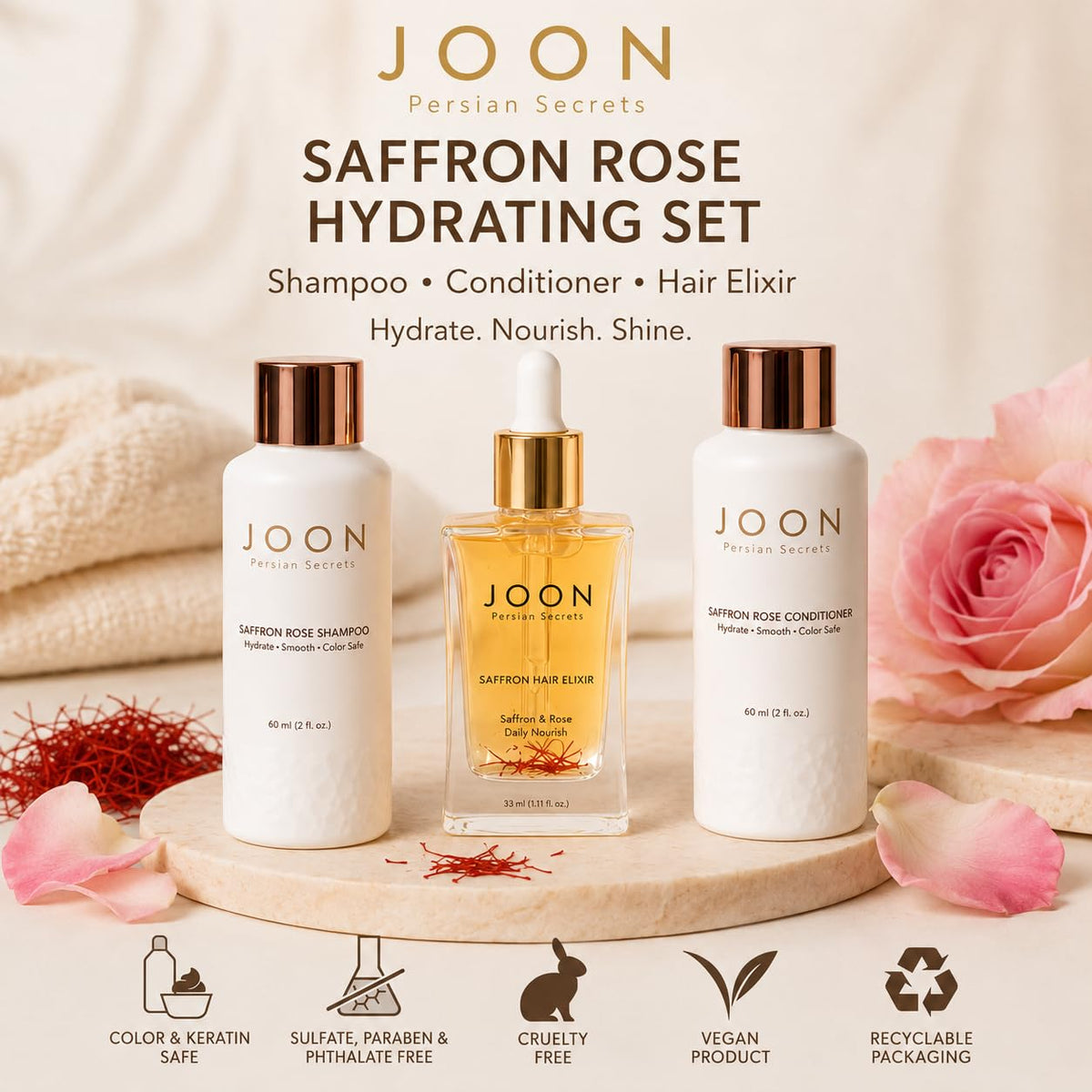 Joon Saffron Rose Hydrating Set | Shampoo | Conditioner | Elixir | Gift Set – back view and specifications