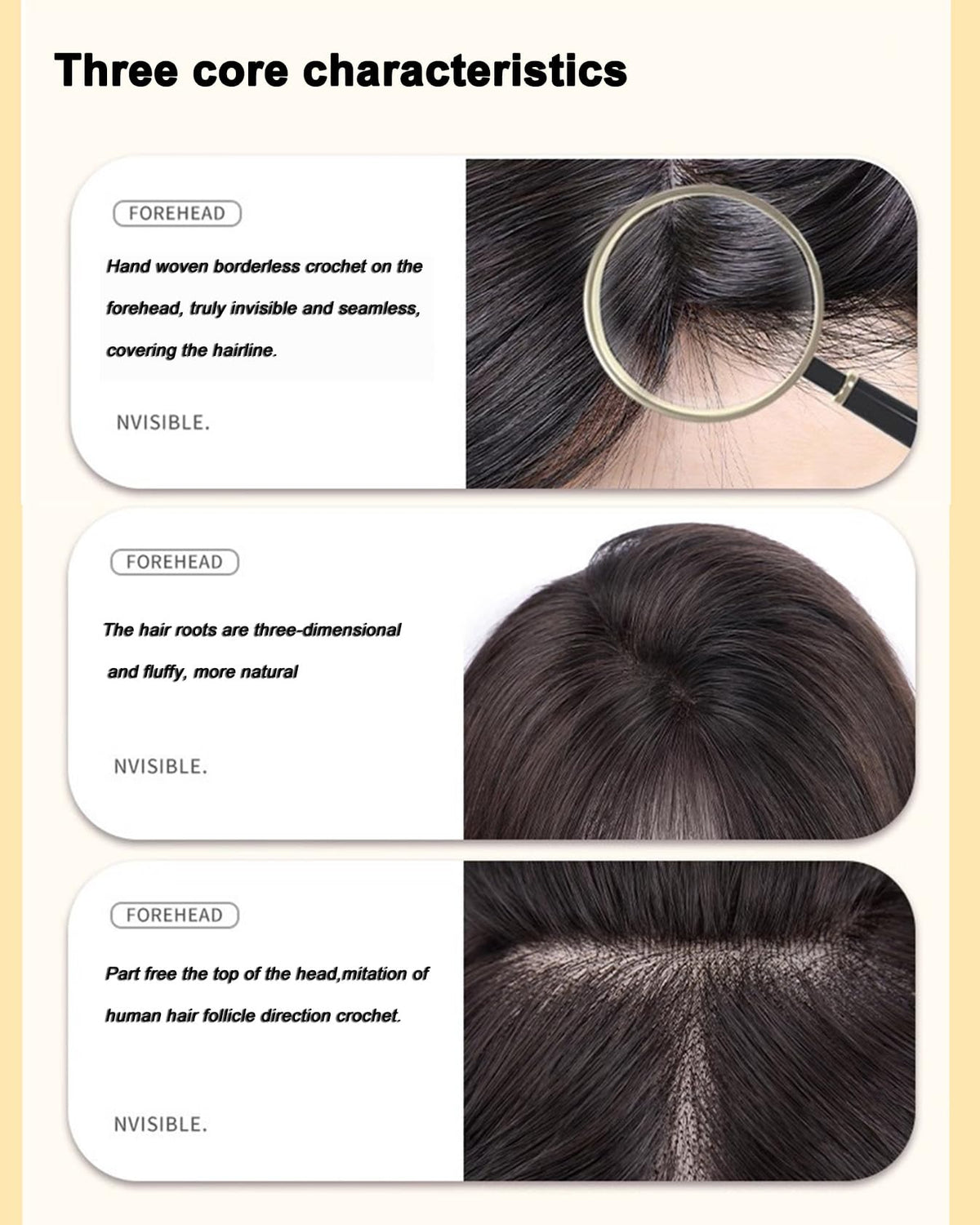 EREE HAIR 18" Invisible Natural Wavy Hair Topper with Curtain Bangs Forehead Invisible Top Hairpiece Free Part Clip 