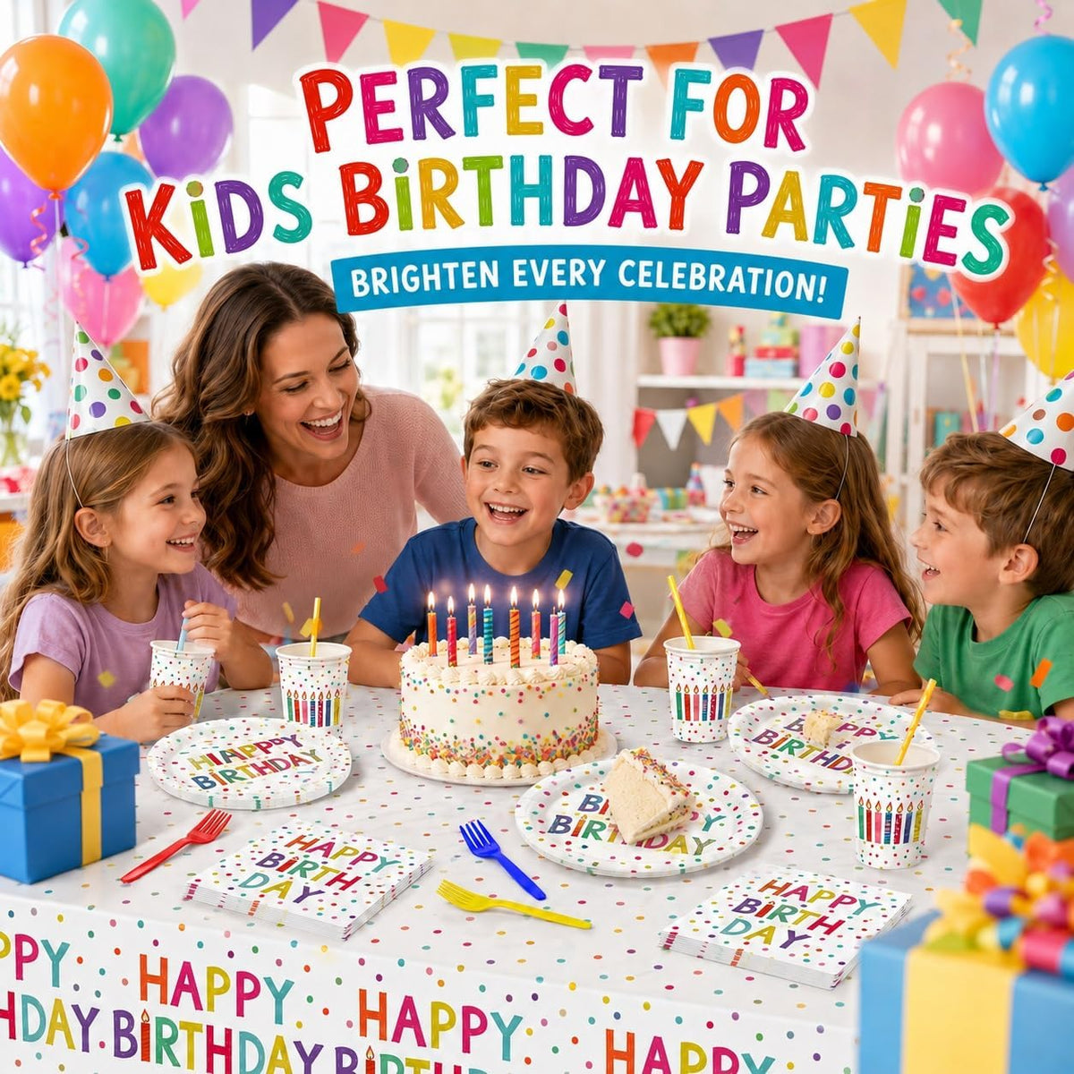 RVXHUA Colorful Polka Dot Party Decorations, Disposable Happy Birthday Plates – close-up detail in Multicolor