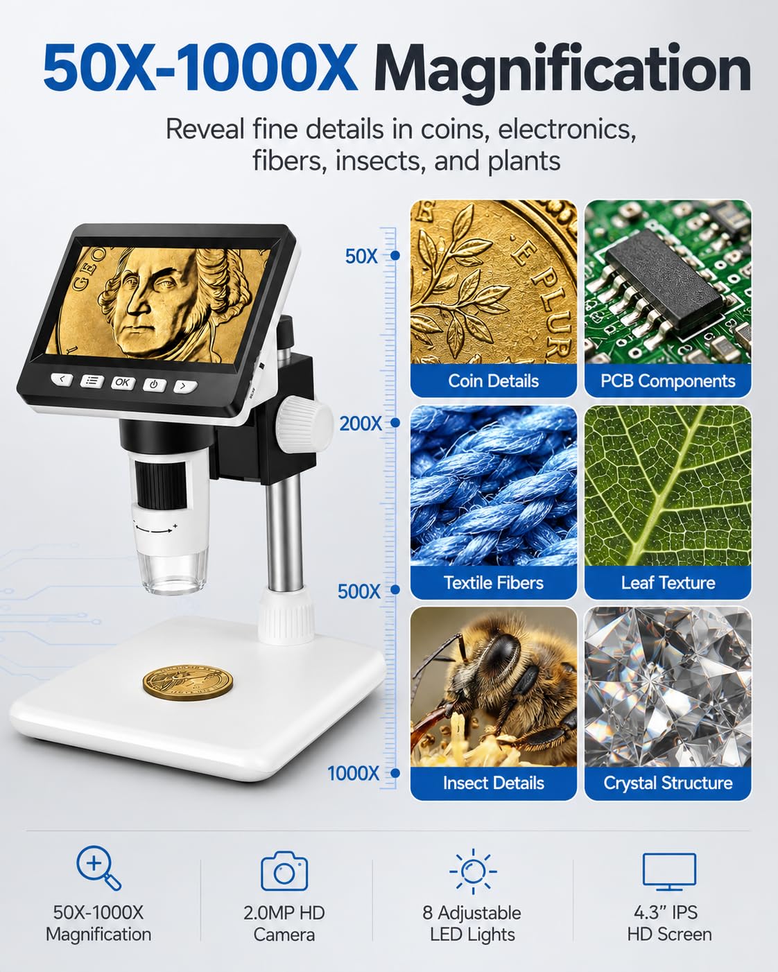 1000X Digital Coin Microscope 4 3 LCD Coin Magnifier with - AOPICK Official Imagery - 4