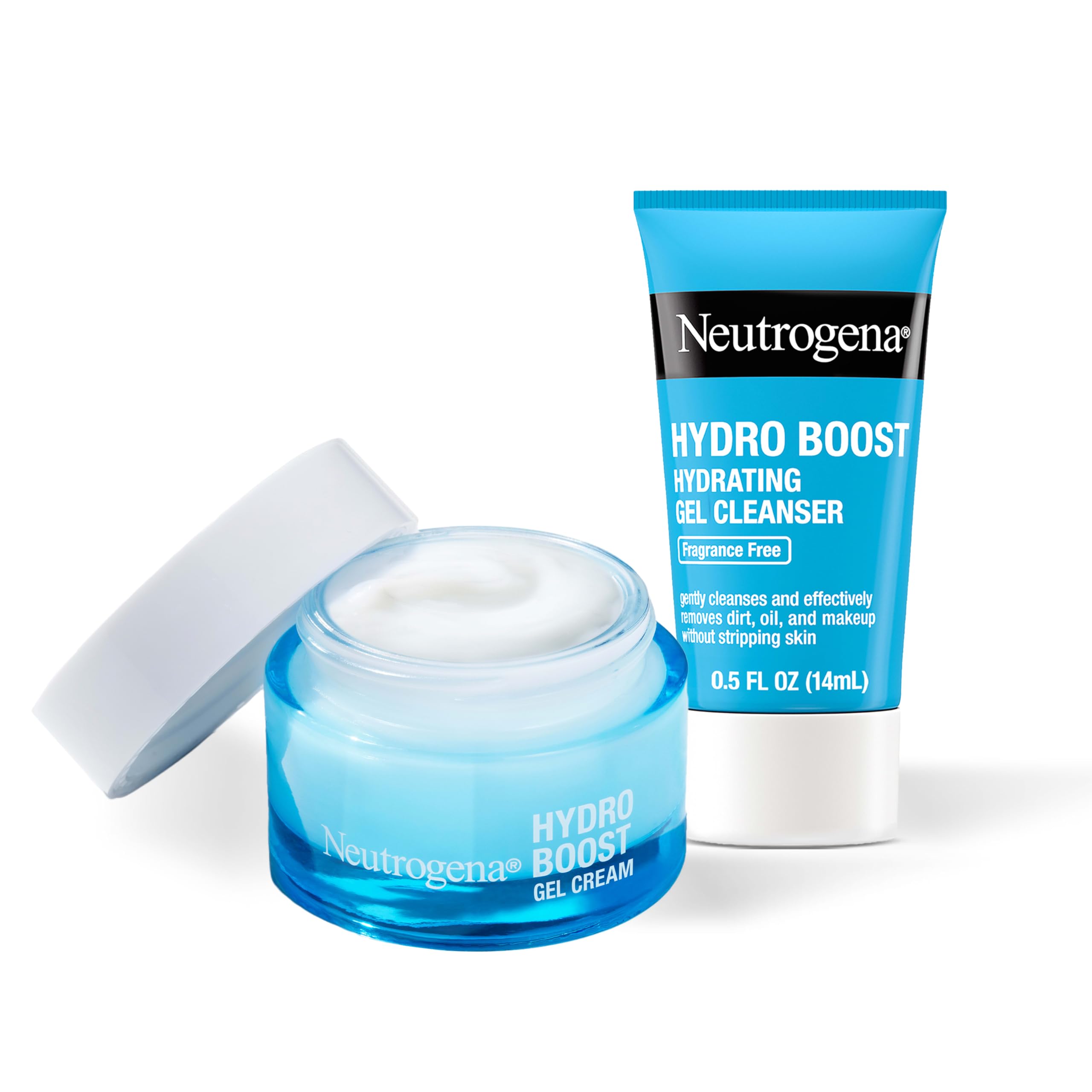 Neutrogena Hydro Boost Gel Cream and Cleanser set featuring hydrating moisturizer and gentle cleanser for dry skin.