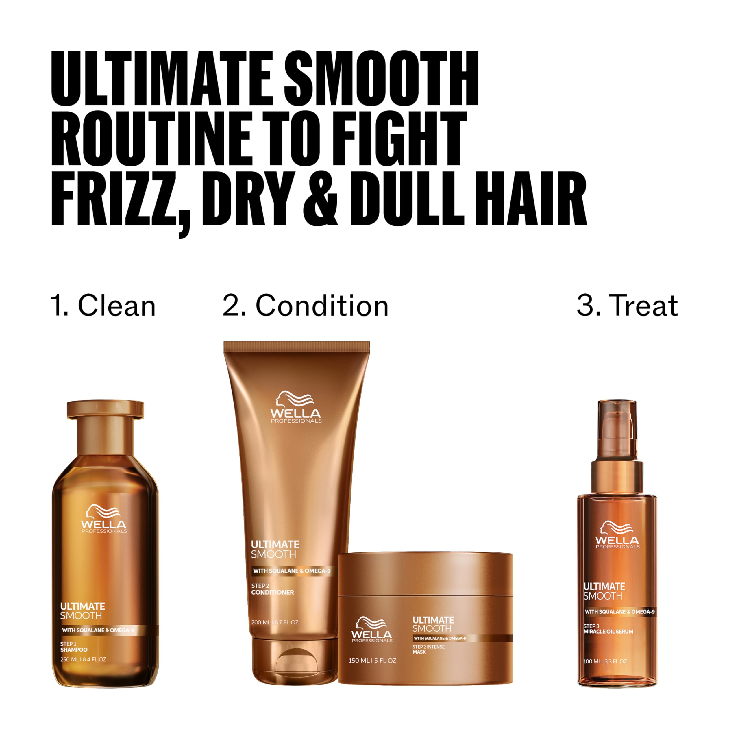 Wella Professionals Ultimate Smooth Miracle Oil Serum with Squalane for sleek, shiny hair, displayed in a clear bottle with dropper.