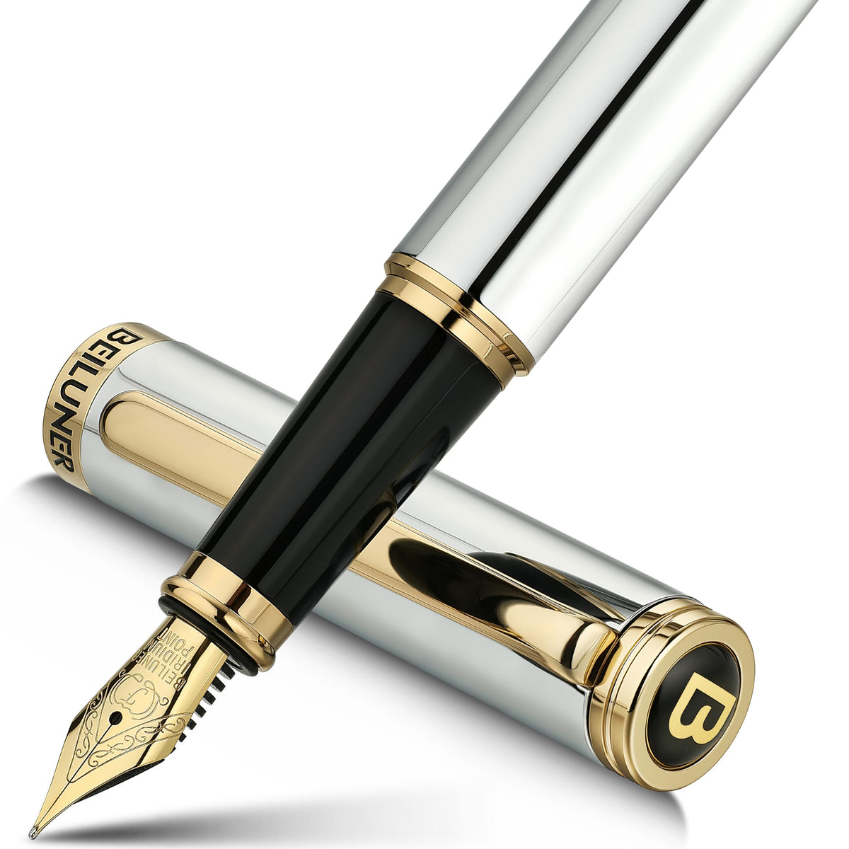 BEILUNER Silver Chrome Fountain Pen 24K Gold Accents 24K - BEILUNER Official Imagery - 2