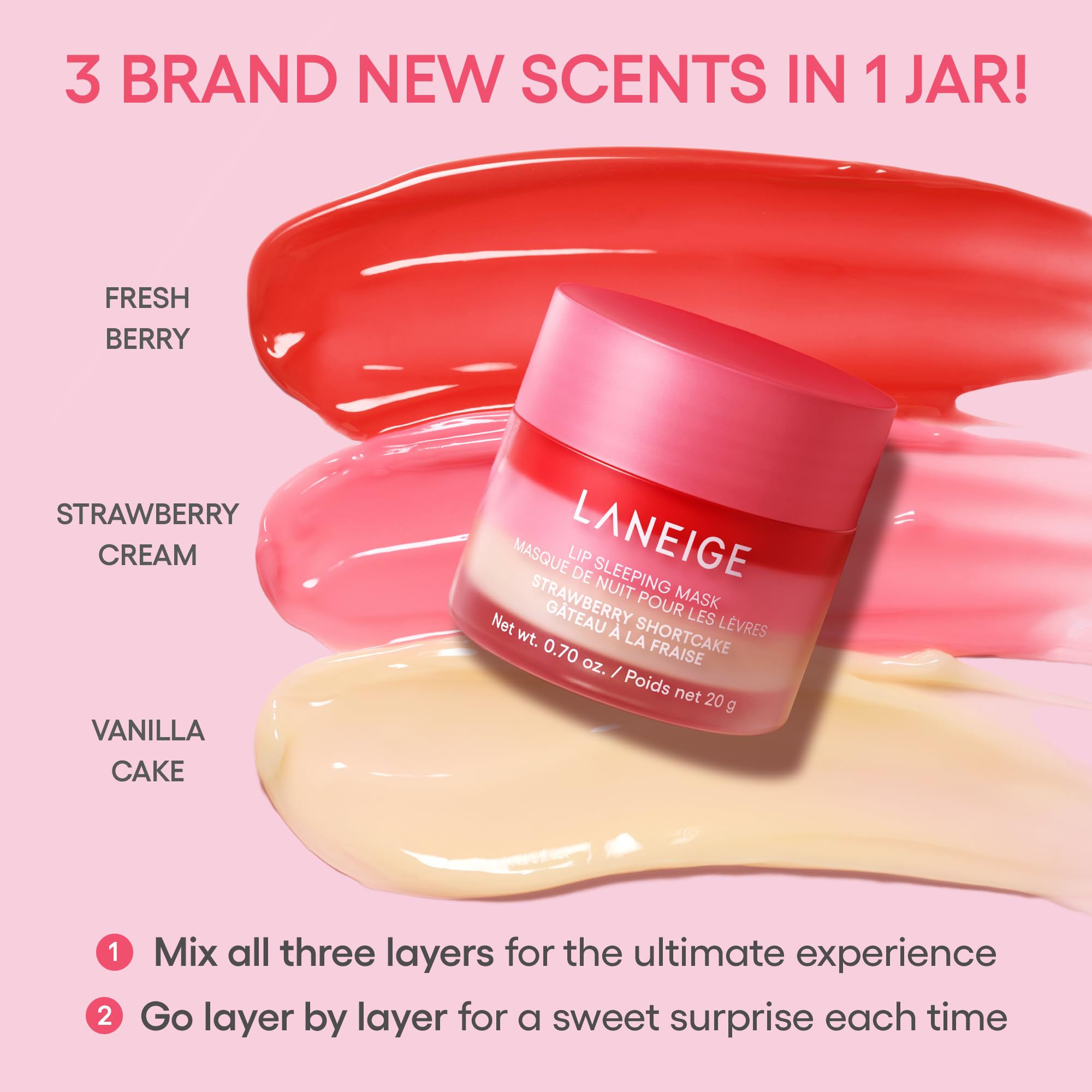 Laneige Lip Sleeping Mask in strawberry shortcake flavor, hydrating Korean lip balm with shea butter, vitamin C, and antioxidants for dry lips.