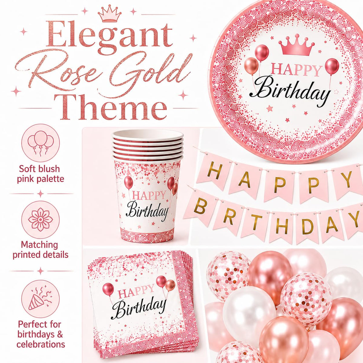 ZIRICHER 212Pcs Pink Birthday Party Supplies Set, Disposable Plates Napkins Cups Cutlery Tableware Kit with Balloons Ban