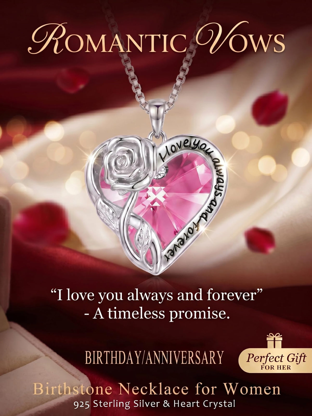 OCJ Birthstone Necklace for Women 925 Sterling Silver Rose Flower Heart Crystal Pendant Necklaces Fine Jewelry Anniversa
