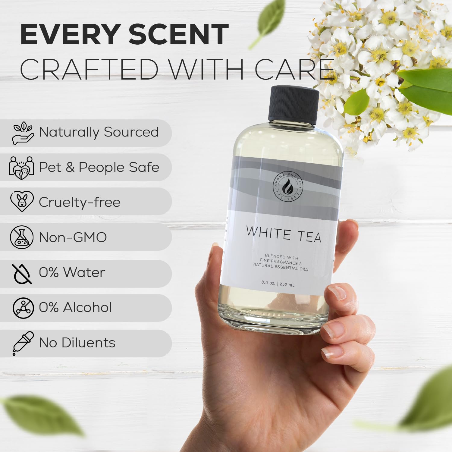 Aroma Country white tea diffuser oil refill bottle, 8.5 oz, with a clear glass container and white tea scent label.