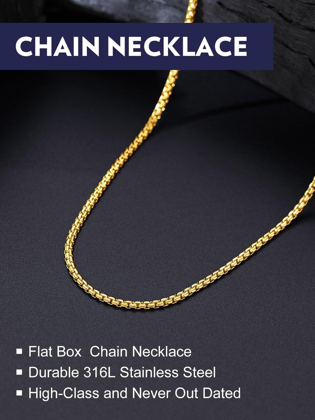 Bandmax Solid Stainless Steel Flat Box Link Chain Necklace for Men & Women – close-up detail in 3MM Gold Plated