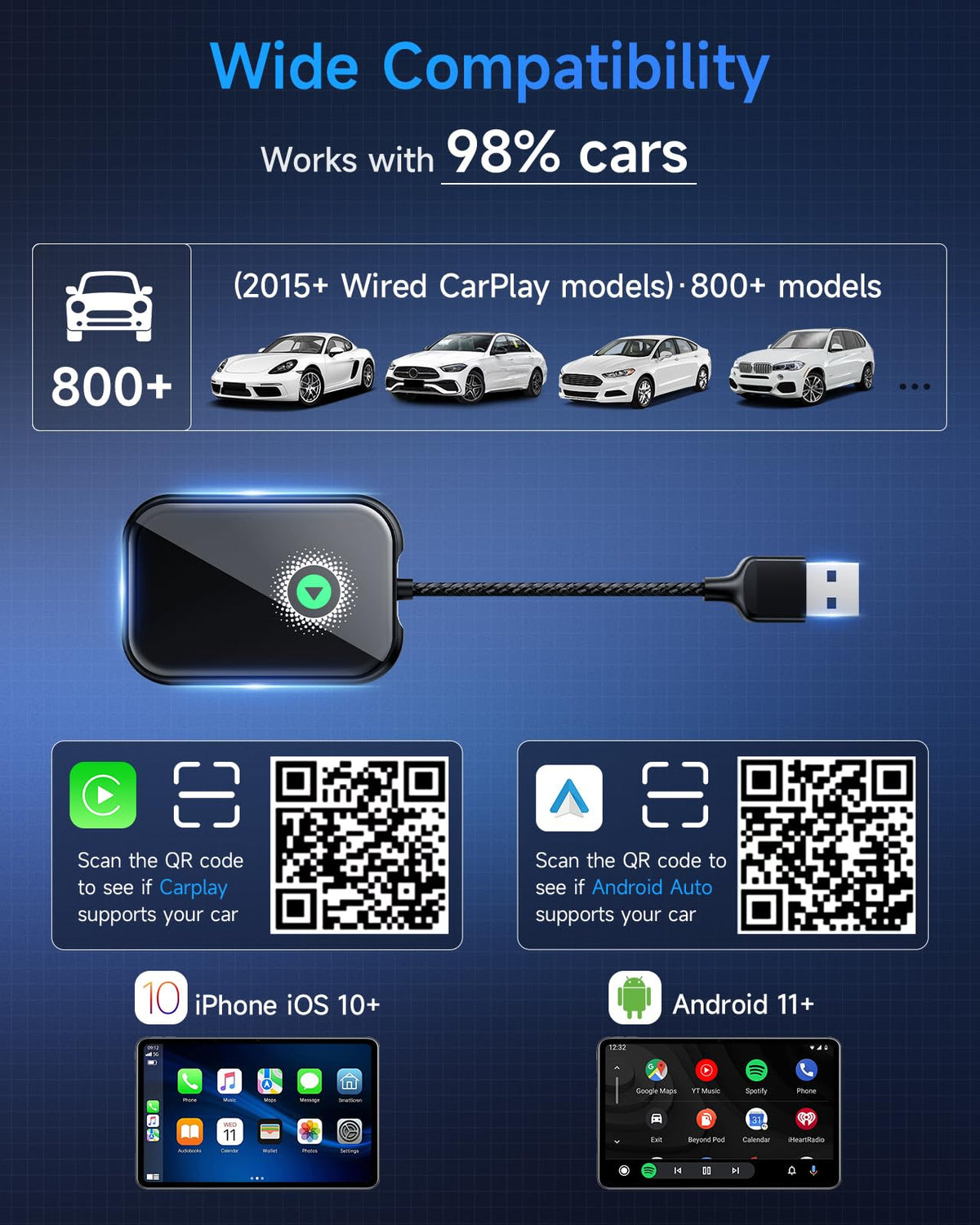 AweEos Smarter CarPlay Pro 2-in-1 Wireless CarPlay & Android Auto Adapter – back view and specifications