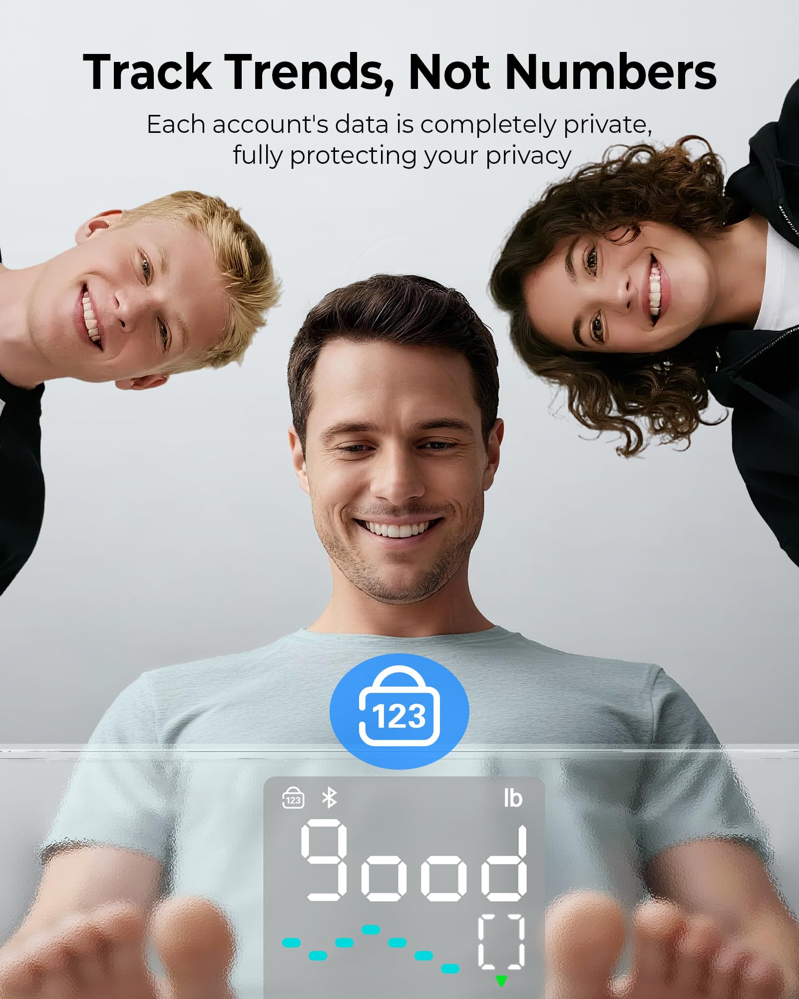 Ovutek smart digital scale displaying body weight, BMI, muscle mass readings on a sleek color-changing display.